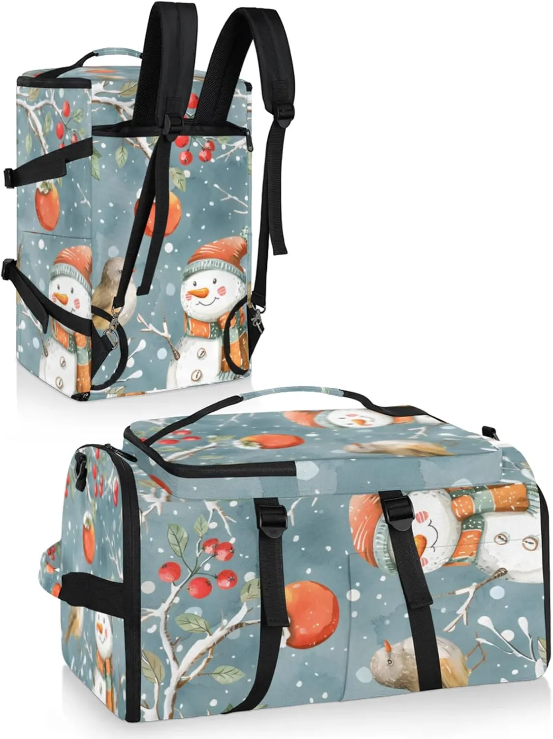 Tactical Sports Duffle Bag for Travel Waterproof Gym Bag with Shoe Compartment 48L Carry On Luggage for Men & Women 3-in-1 Durable Travel Luggage Snowman Bird Winter
