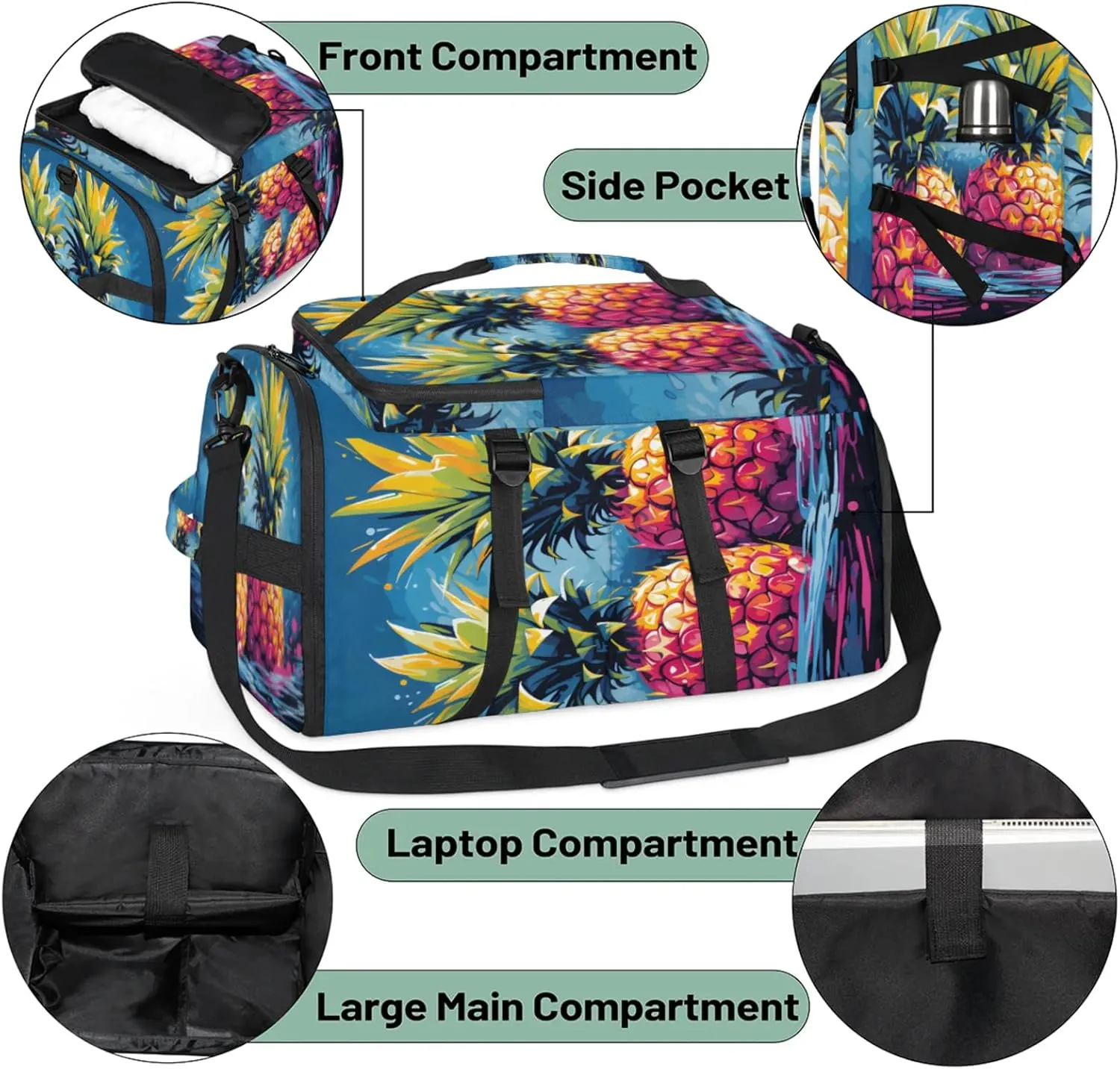 Tactical Sports Duffle Bag for Travel Waterproof Gym Bag with Shoe Compartment 48L Carry On Luggage for Men & Women 3-in-1 Durable Travel Luggage Summer Fruit Pineapple