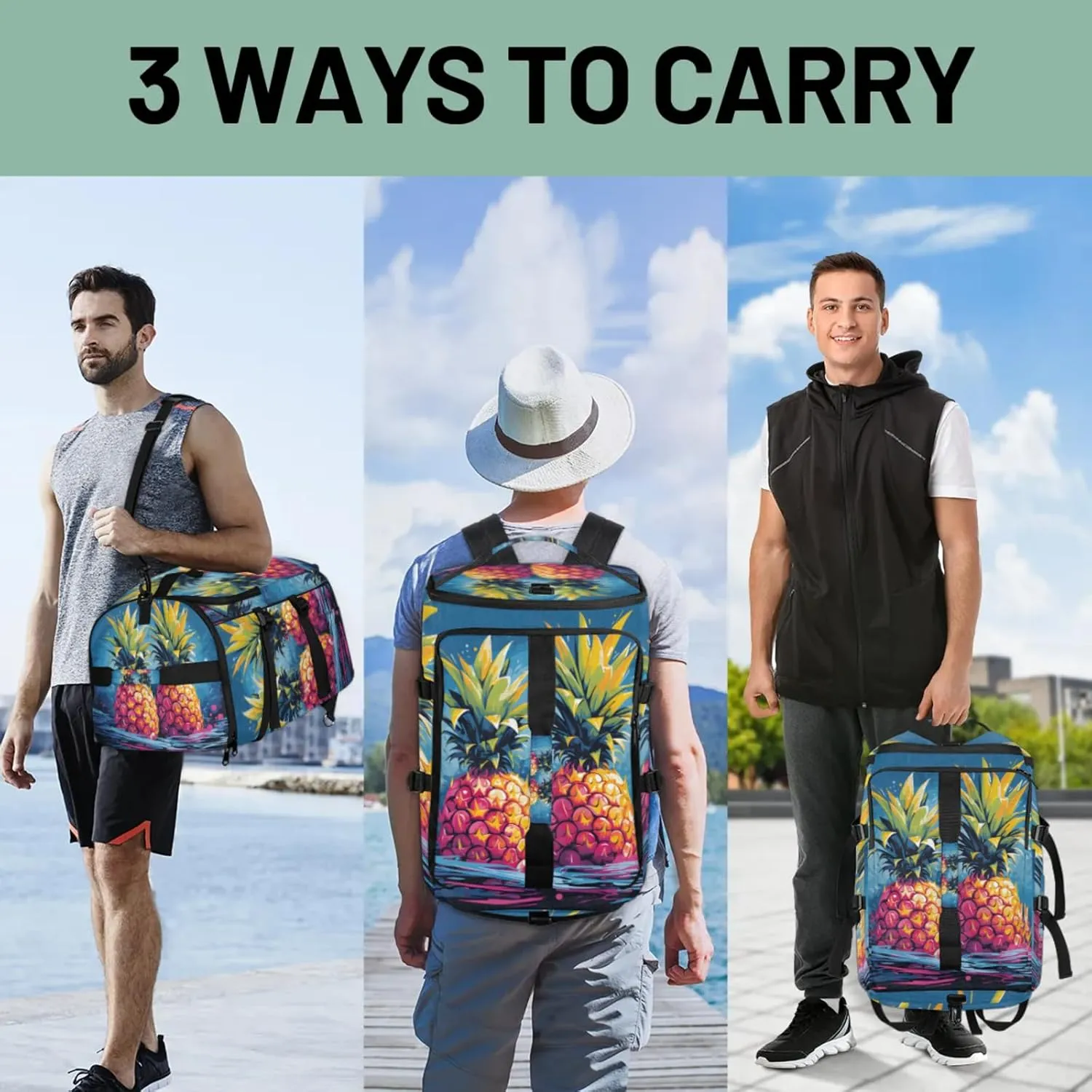 Tactical Sports Duffle Bag for Travel Waterproof Gym Bag with Shoe Compartment 48L Carry On Luggage for Men & Women 3-in-1 Durable Travel Luggage Summer Fruit Pineapple