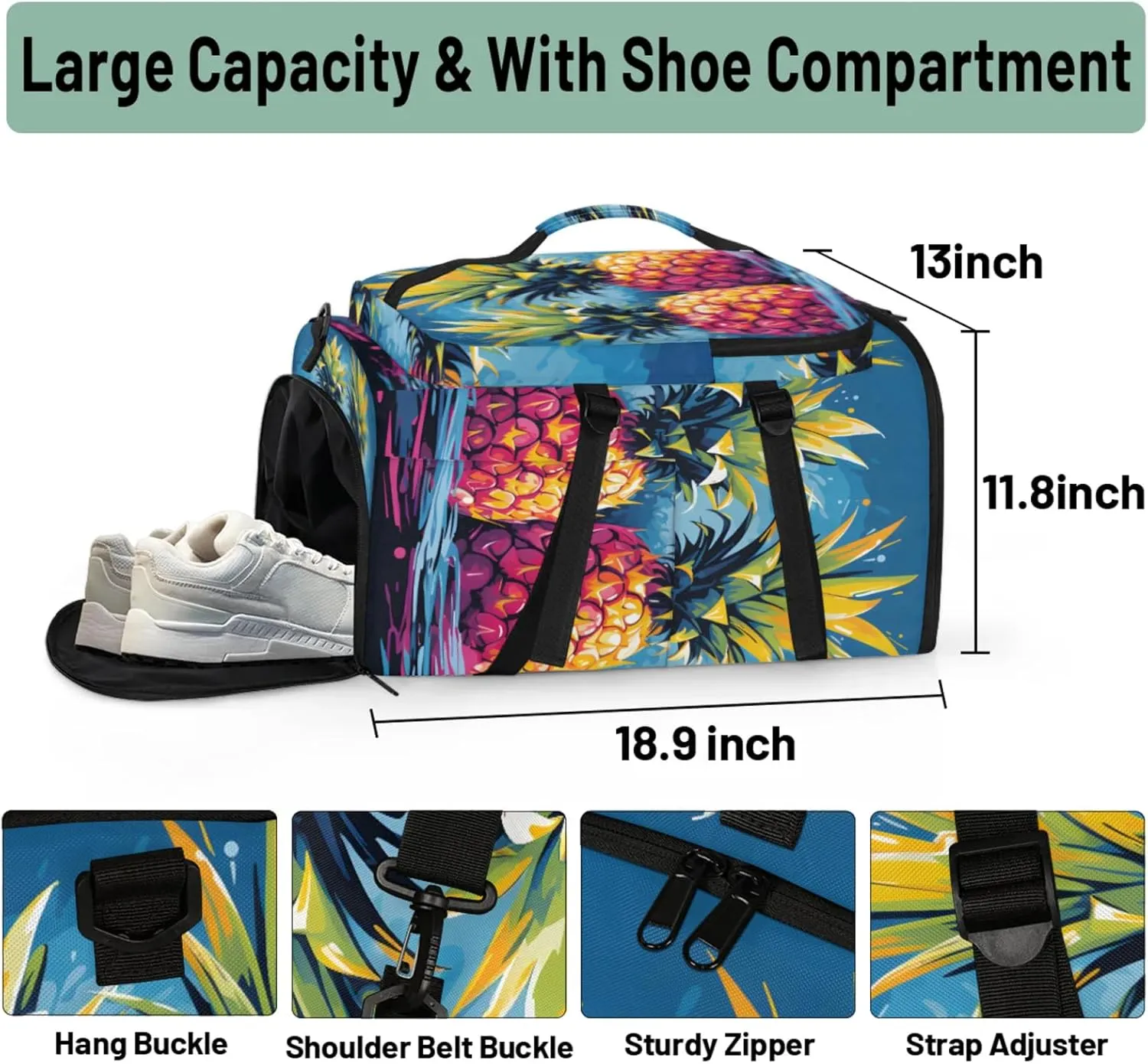 Tactical Sports Duffle Bag for Travel Waterproof Gym Bag with Shoe Compartment 48L Carry On Luggage for Men & Women 3-in-1 Durable Travel Luggage Summer Fruit Pineapple
