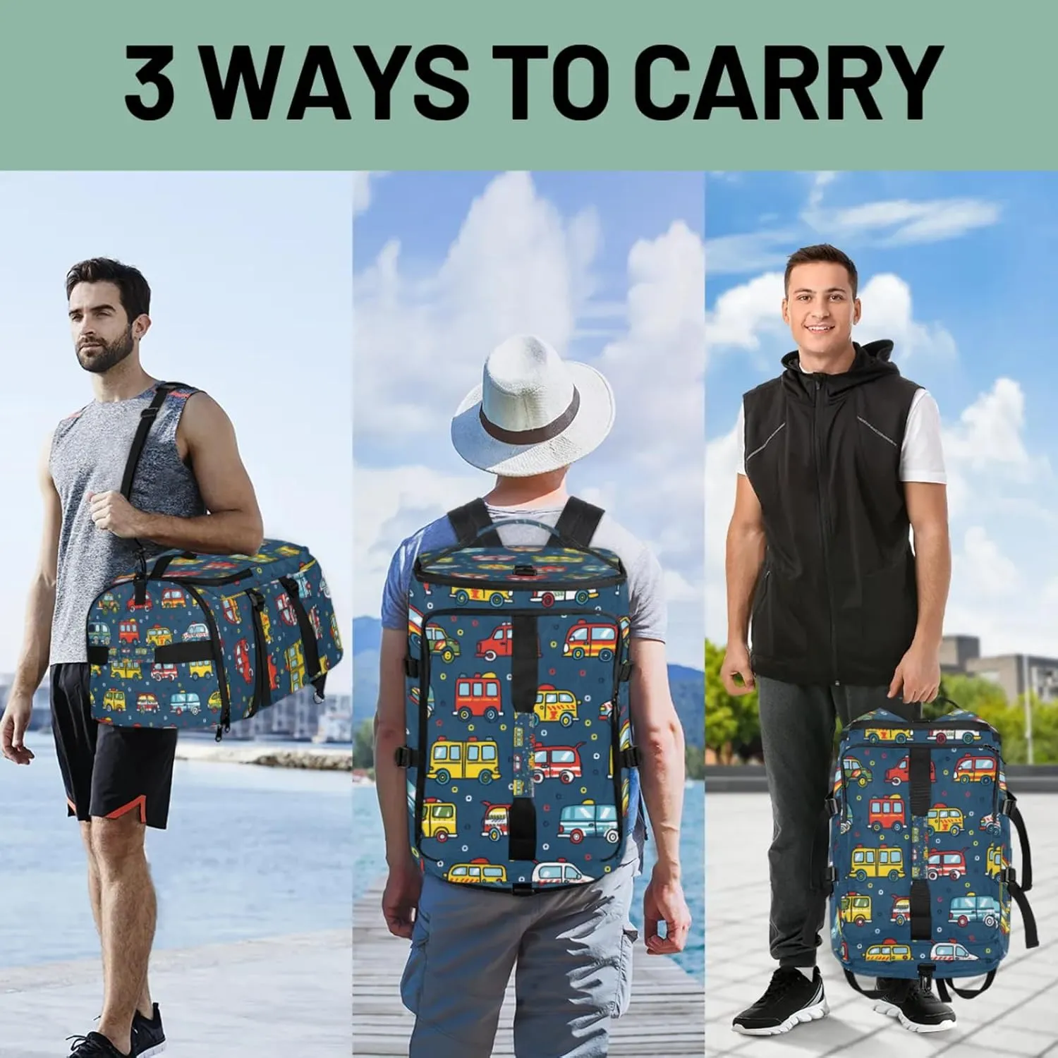 Tactical Sports Duffle Bag for Travel Waterproof Gym Bag with Shoe Compartment 48L Carry On Luggage for Men & Women 3-in-1 Durable Travel Luggage Vehicles Cars