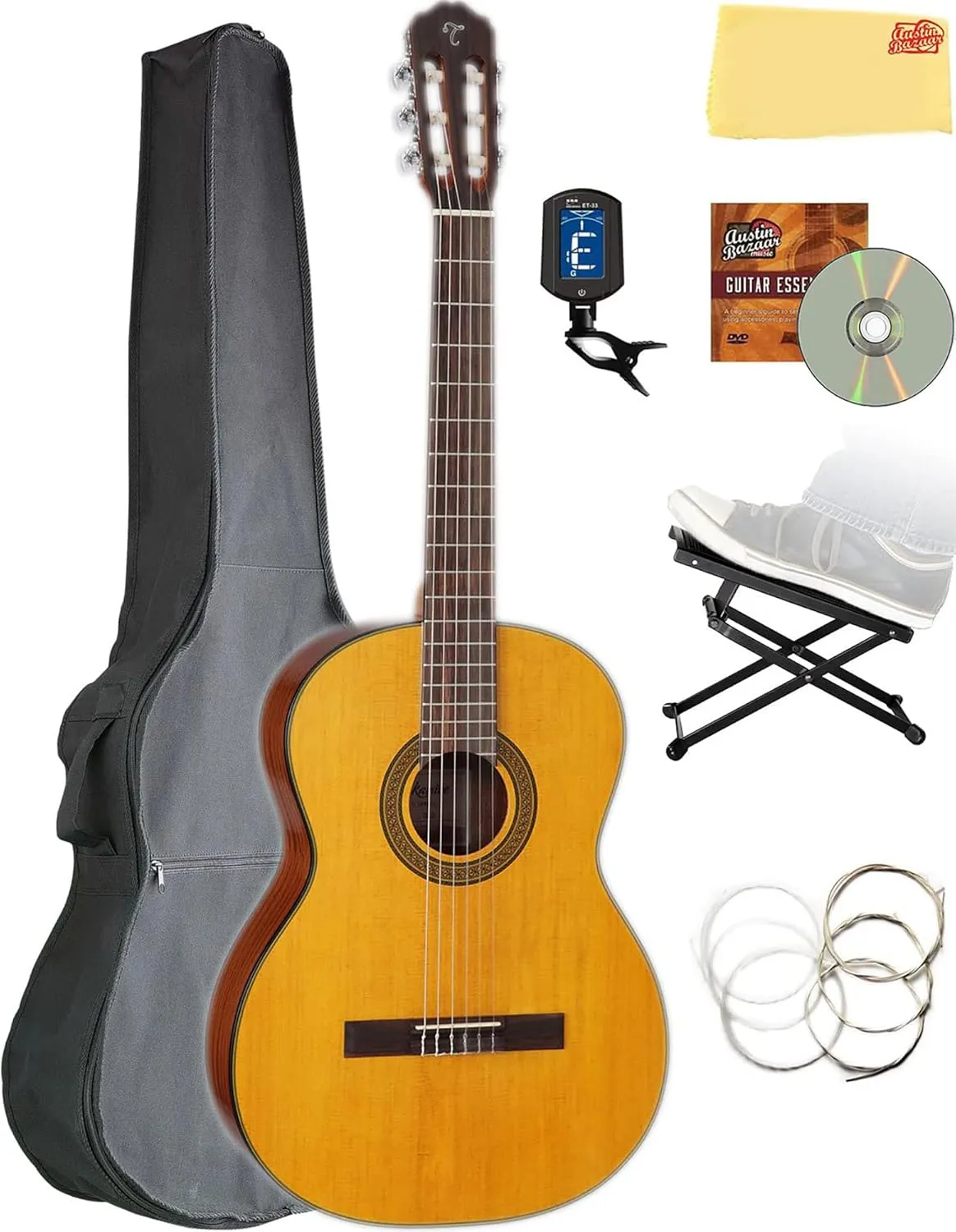 Takamine GC3 Classical Guitar - Natural Gloss Bundle with Gig Bag, Foot Stool, Tuner, Strings, Austin Bazaar Instructional DVD, and Polishing Cloth