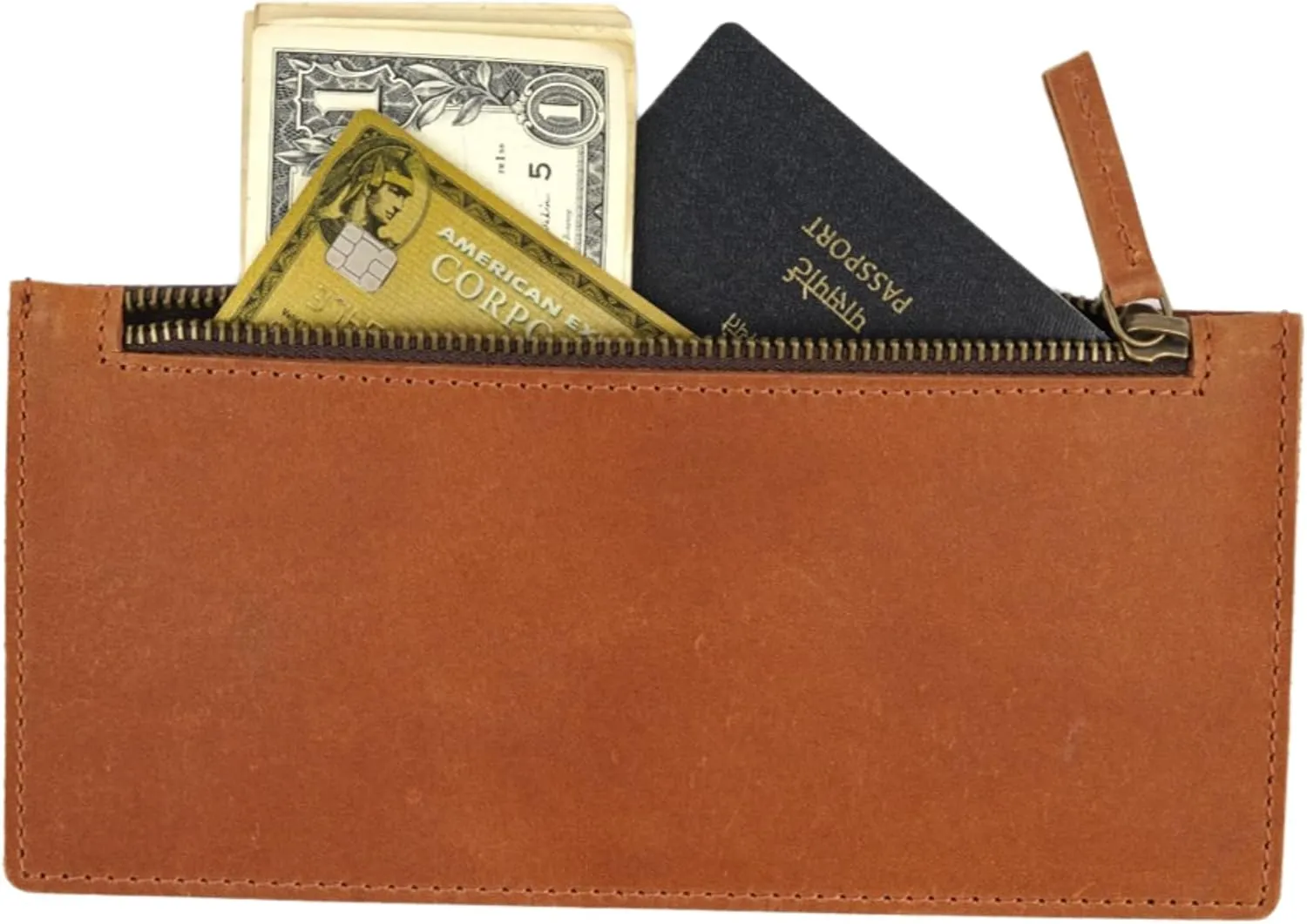 Tan Leather Multipurpose Zippered Handbag, Currency Pouch, Pen Pencil Holder, Phone Wallet, Card Makeup Bills Organizer & Everyday Accessories, Compact Functional Wallet
