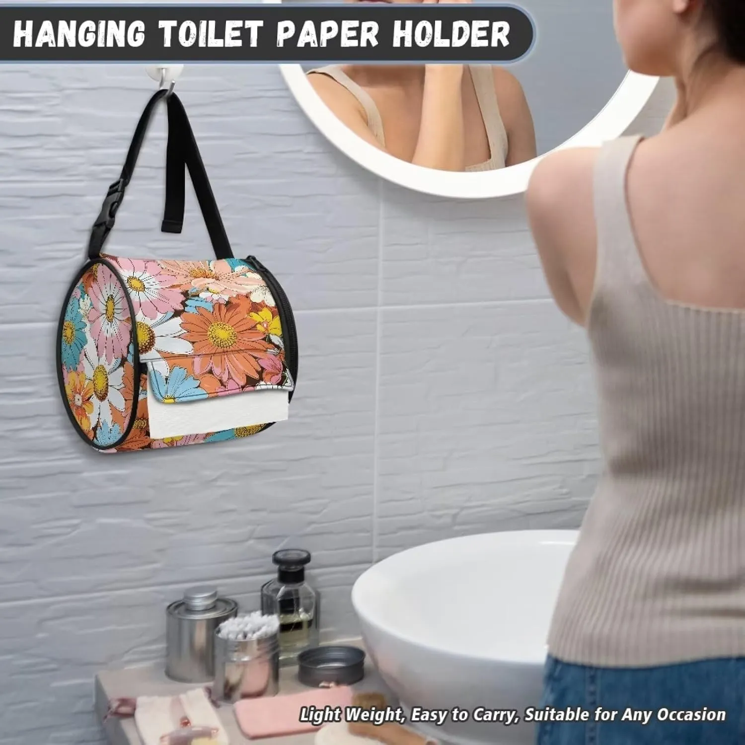 Tattered Flower Pattern Paper Towel Storage Bag Round Toilet Paper Dust Cover Adjustable Shoulder Strap Portable Camping Toilet Paper Pack Suitable for Home Kitchen Bathroom