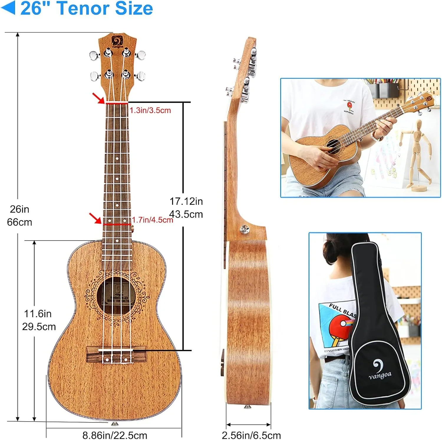 Tenor Ukulele 26 Inch Mahogany Professional Acoustic Ukelele Four String Wooden Hawaiian Uke Beginner Kit Ukuleles Bundle for Adult Starter Kit, by Vangoa
