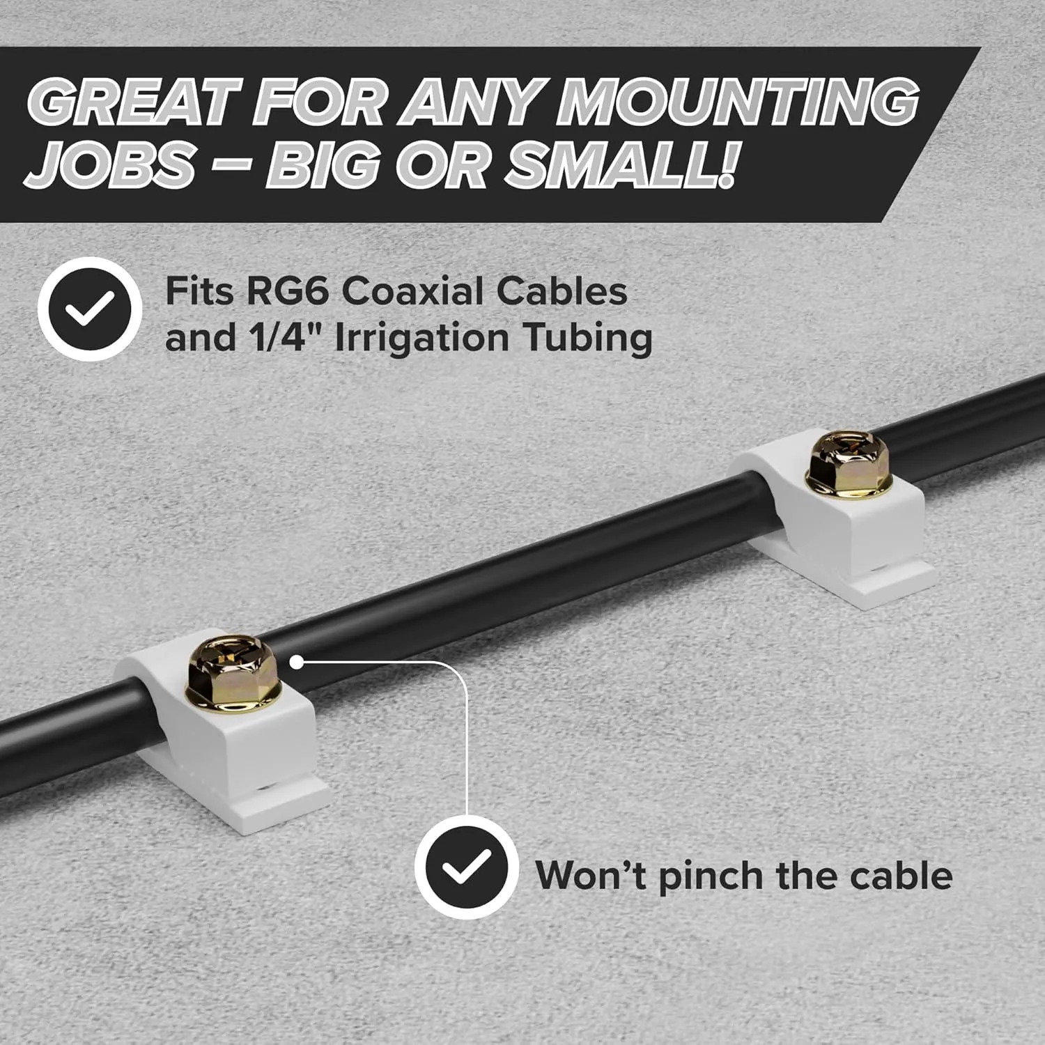 THE CIMPLE CO - Single Coaxial Cable Clips, Cat6, Electrical Wire Cable Clip, 1/4 in (6 mm) Screw Clip and Fastener, White (100 Pieces per Bag)