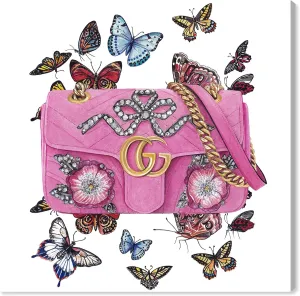 The Oliver Gal Artist Co. Fashion and Glam Wall Art Canvas Prints 'Doll Memories-Butterfly Bag' Home Décor, 16" x 16", Pink, Gold