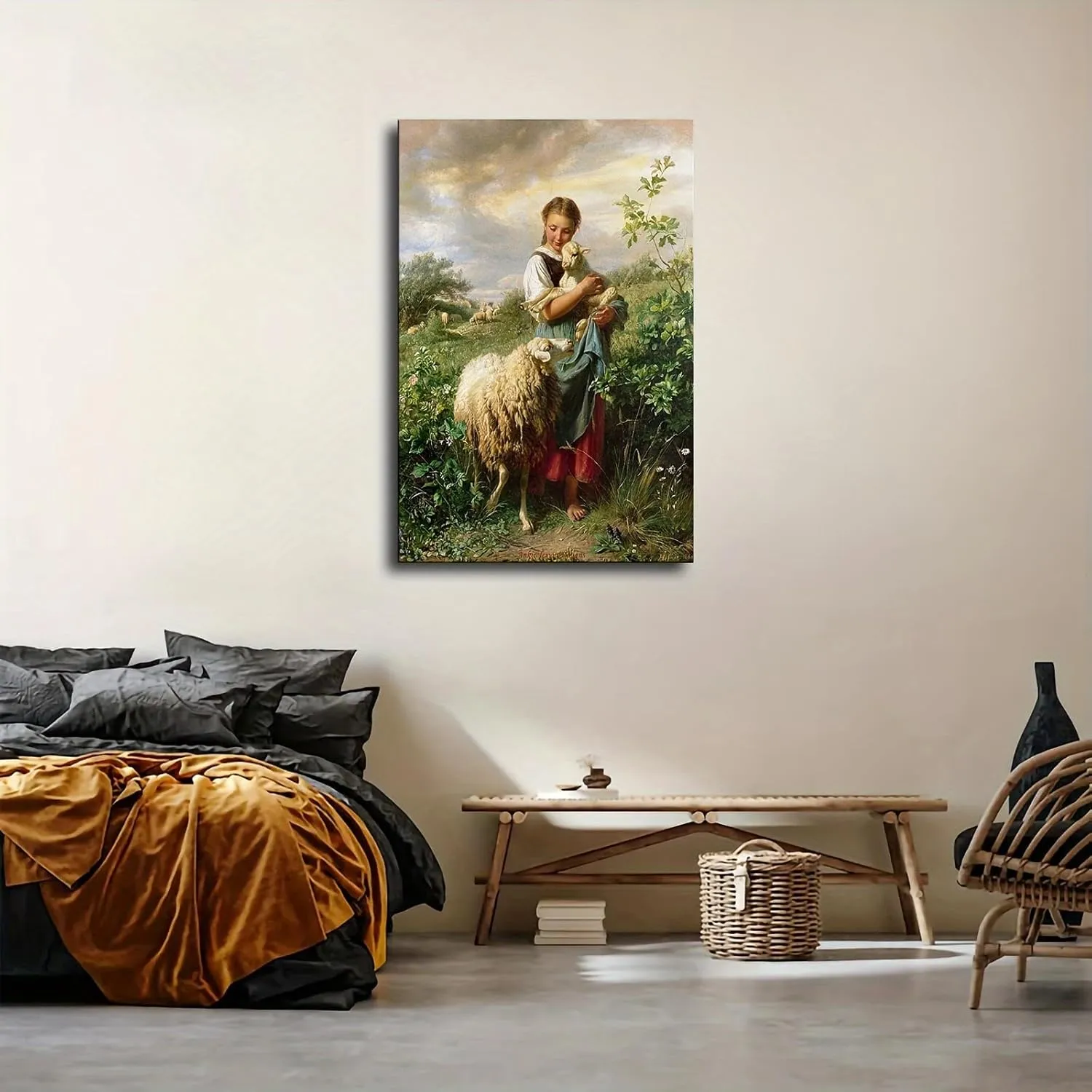 The Shepherdess 1866 By Johann Baptist Hofner Poster Picture Print Canvas Wall Art for Bedroom Office Room Living Room Decor (24x36inch Framed)