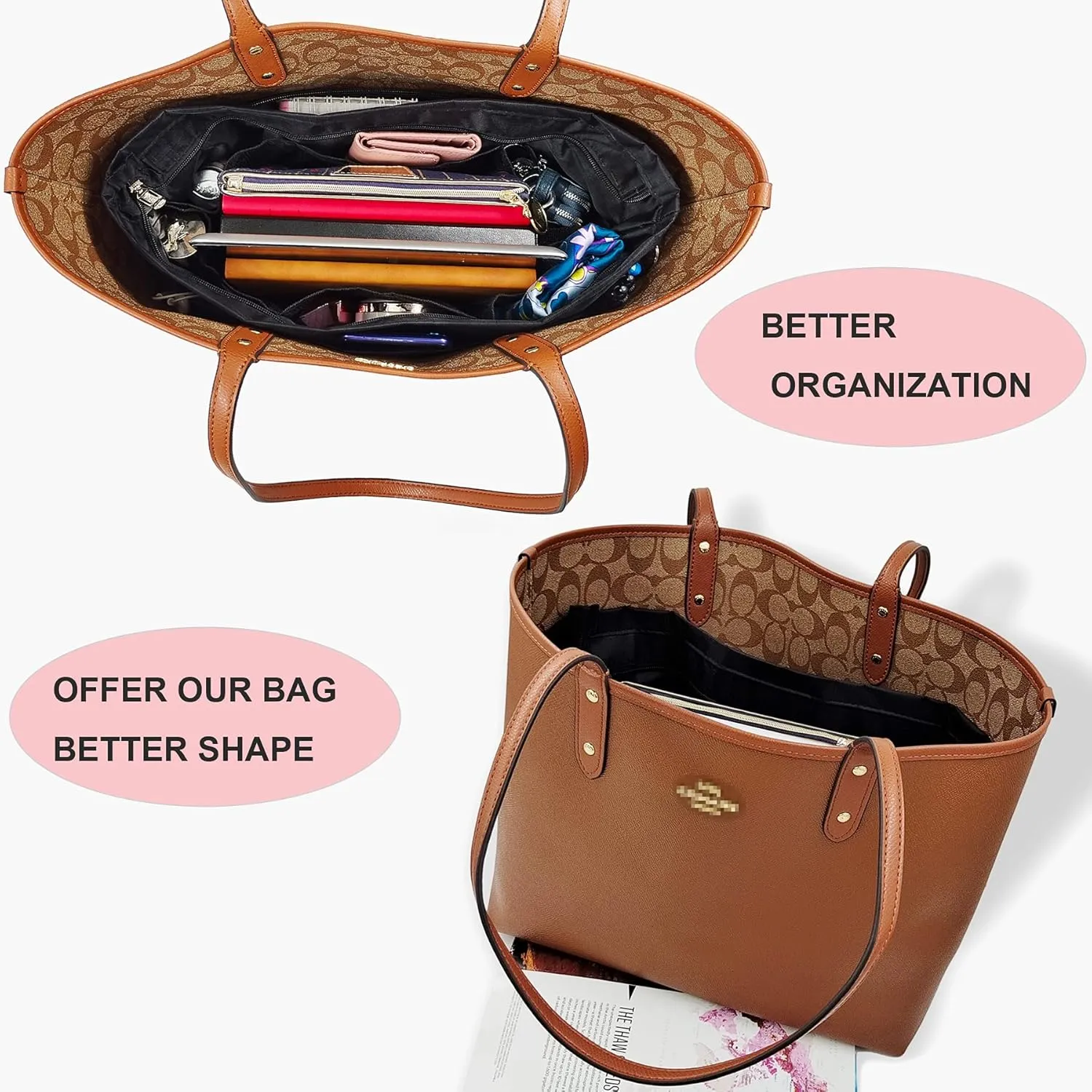 Time Wing Handbag Tote Purse Organizer Insert Bag Liner Shaper Divider Zipper 11 Pockets Compartments Medium Black