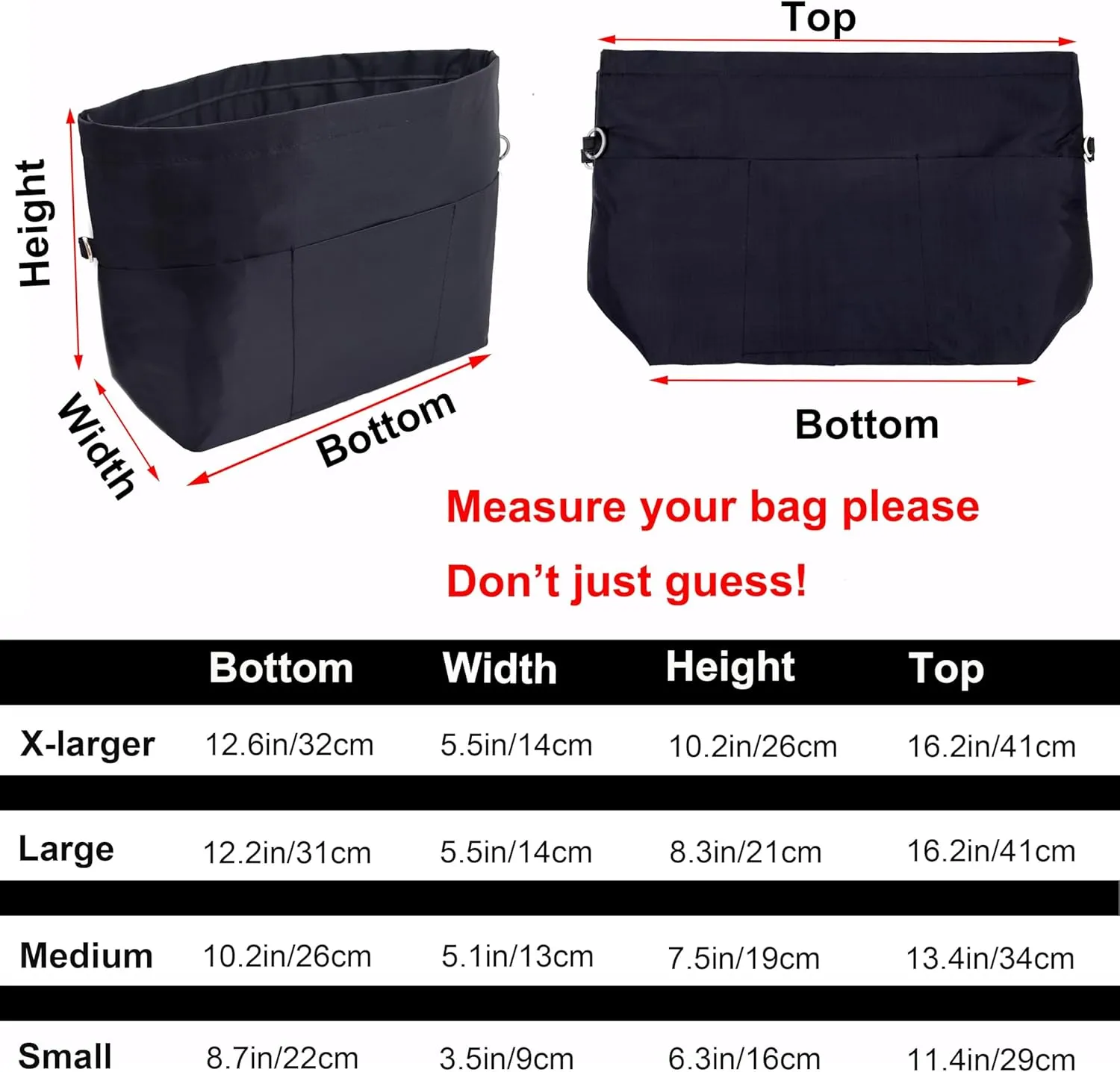 Time Wing Handbag Tote Purse Organizer Insert Bag Liner Shaper Divider Zipper 11 Pockets Compartments Medium Black
