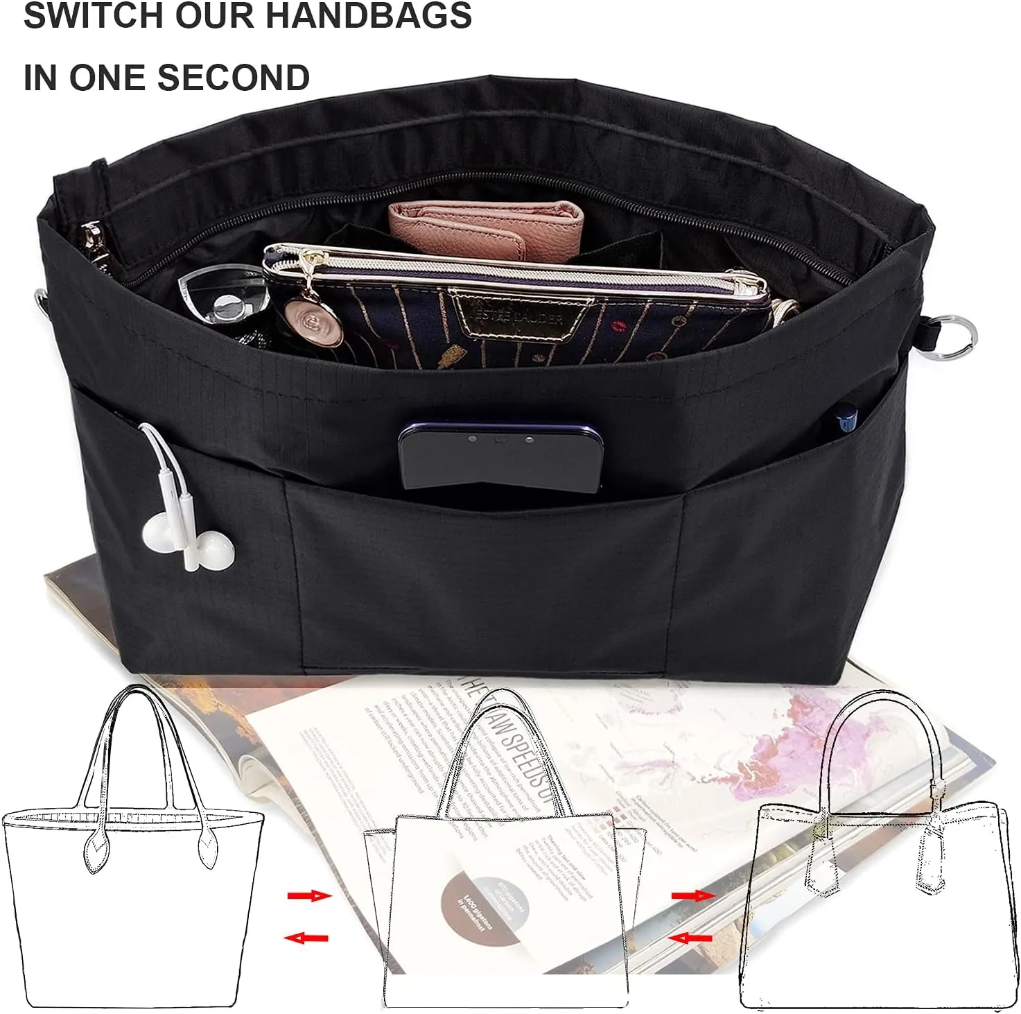 Time Wing Handbag Tote Purse Organizer Insert Bag Liner Shaper Divider Zipper 11 Pockets Compartments Medium Black