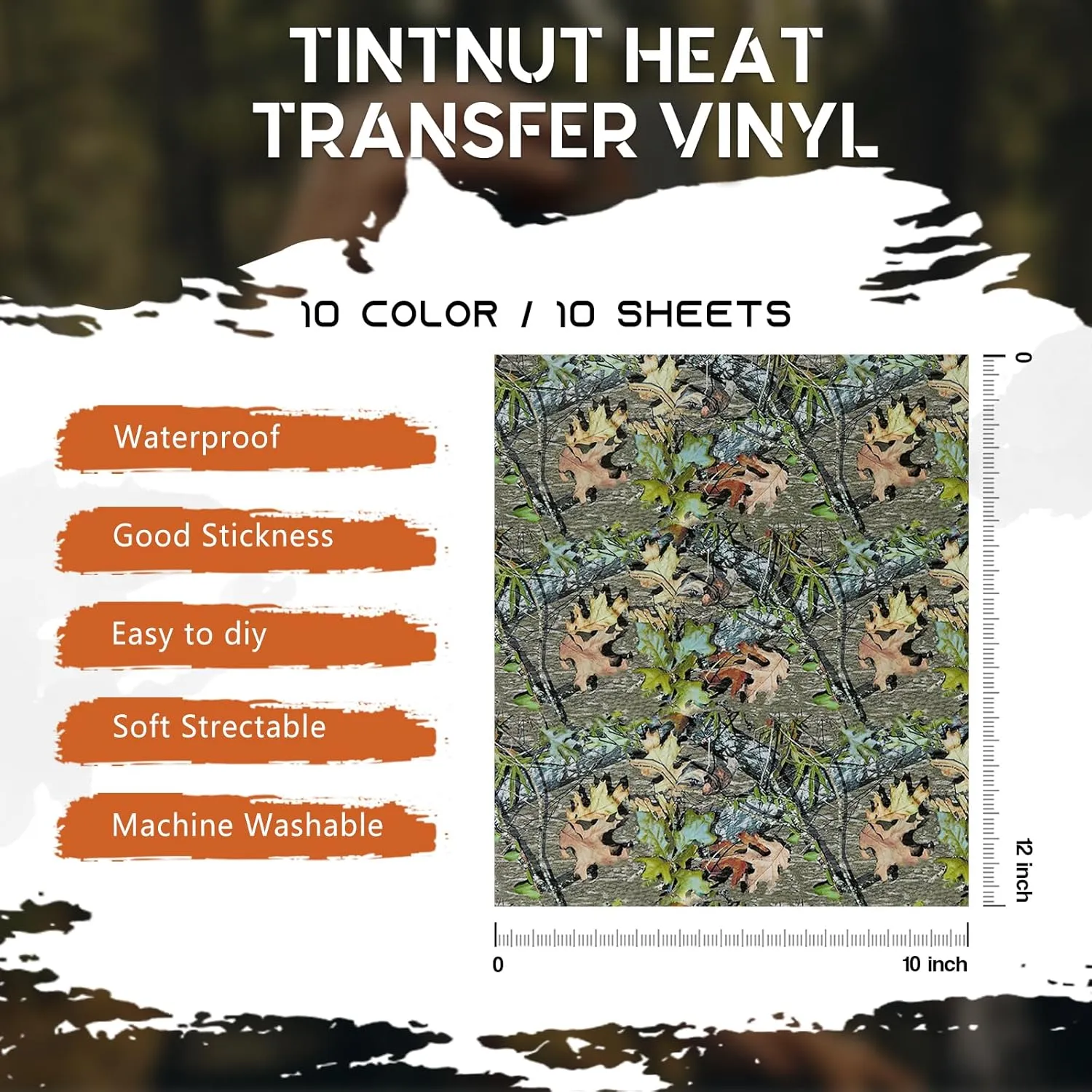 Tintnut Real Tree Heat Transfer Vinyl - 10 Sheets 10 x 12 Inch Camo Pattern Iron on Vinyl for Hunter Outdoor Camouflage Printed HTV DIY T-shirts Handbags Hat Pants Craft for Cricut or Silhouette Cameo