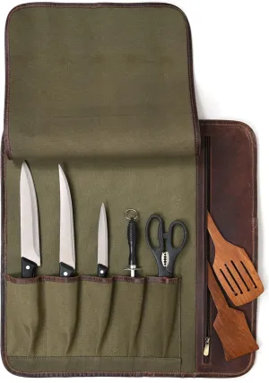 Tolredo Cow Leather & Waxed Canvas Chef Knife Roll Case 5 Slot and 1 Zipper Pocket for Culinary Storage Water Resistant Portable Knife Bag (Olive Green, 15" X 15")