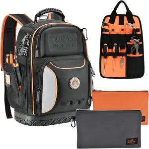 Tool Bag Backpack with 2 Canvas Tool Pouch Tool Kit, 75 Pockets & Loops Heavy Duty Tools Organizer/HVAC Tool Carrier for Eelectrician/Construction Work with Molded Base and Combination Lock, Black