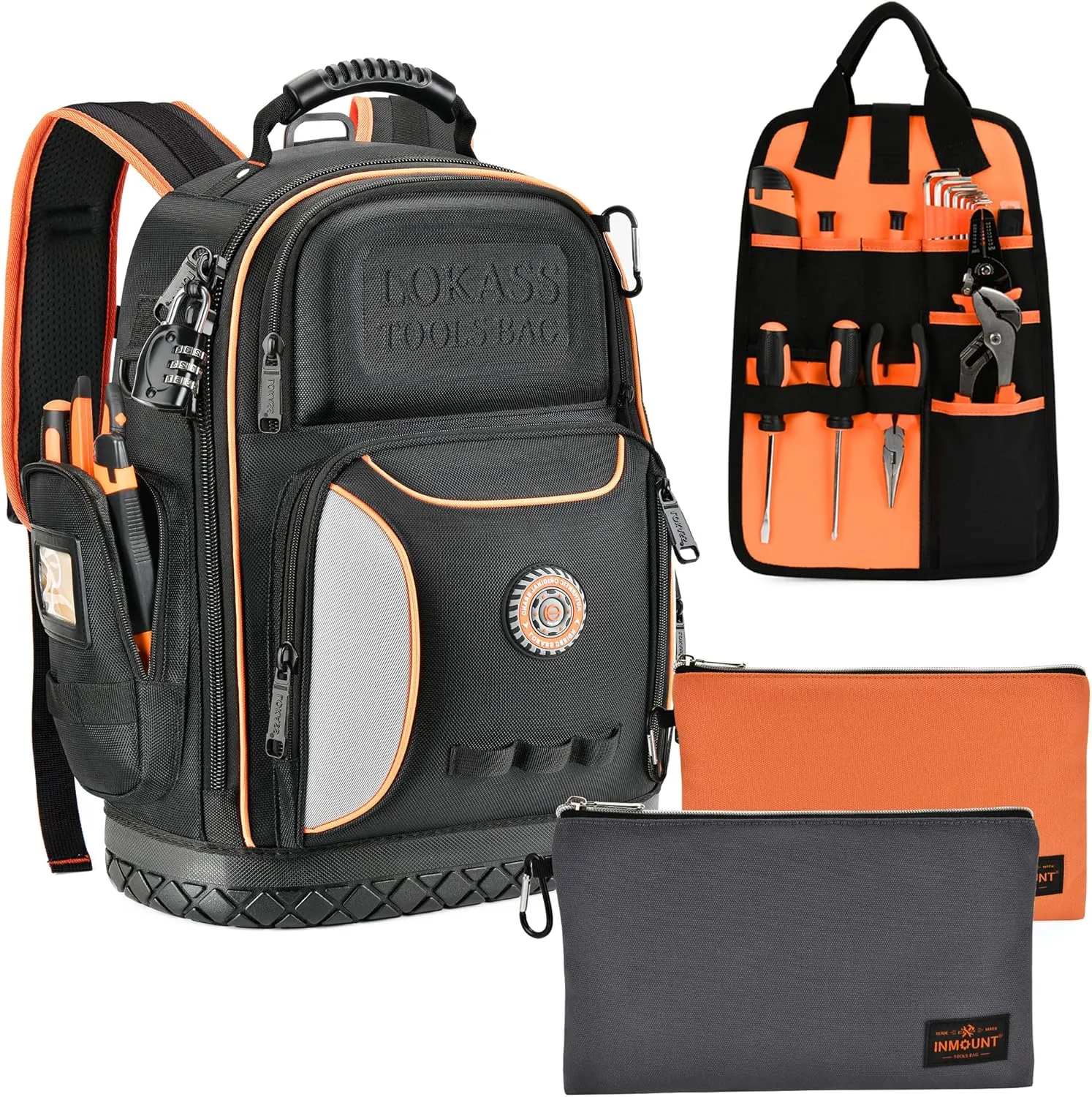 Tool Bag Backpack with 2 Canvas Tool Pouch Tool Kit, 75 Pockets & Loops Heavy Duty Tools Organizer/HVAC Tool Carrier for Eelectrician/Construction Work with Molded Base and Combination Lock, Black