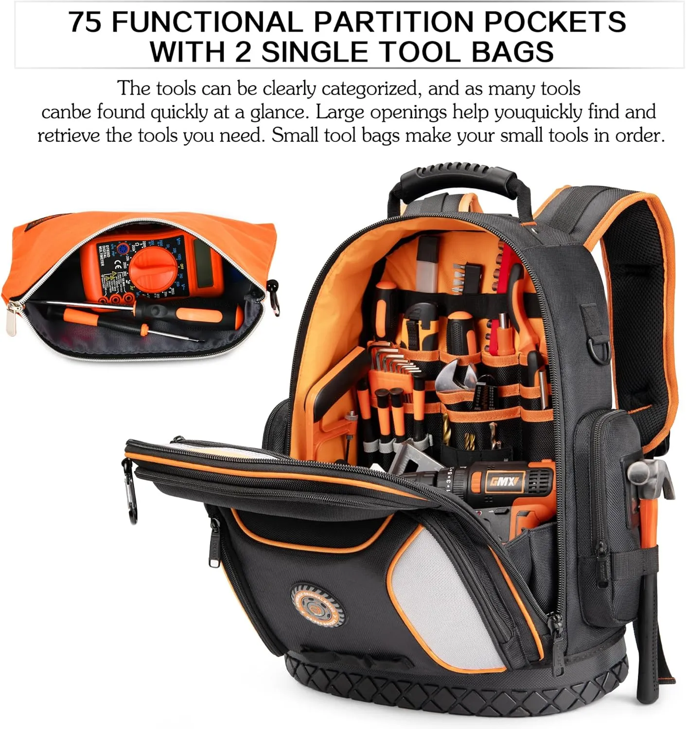 Tool Bag Backpack with 2 Canvas Tool Pouch Tool Kit, 75 Pockets & Loops Heavy Duty Tools Organizer/HVAC Tool Carrier for Eelectrician/Construction Work with Molded Base and Combination Lock, Black