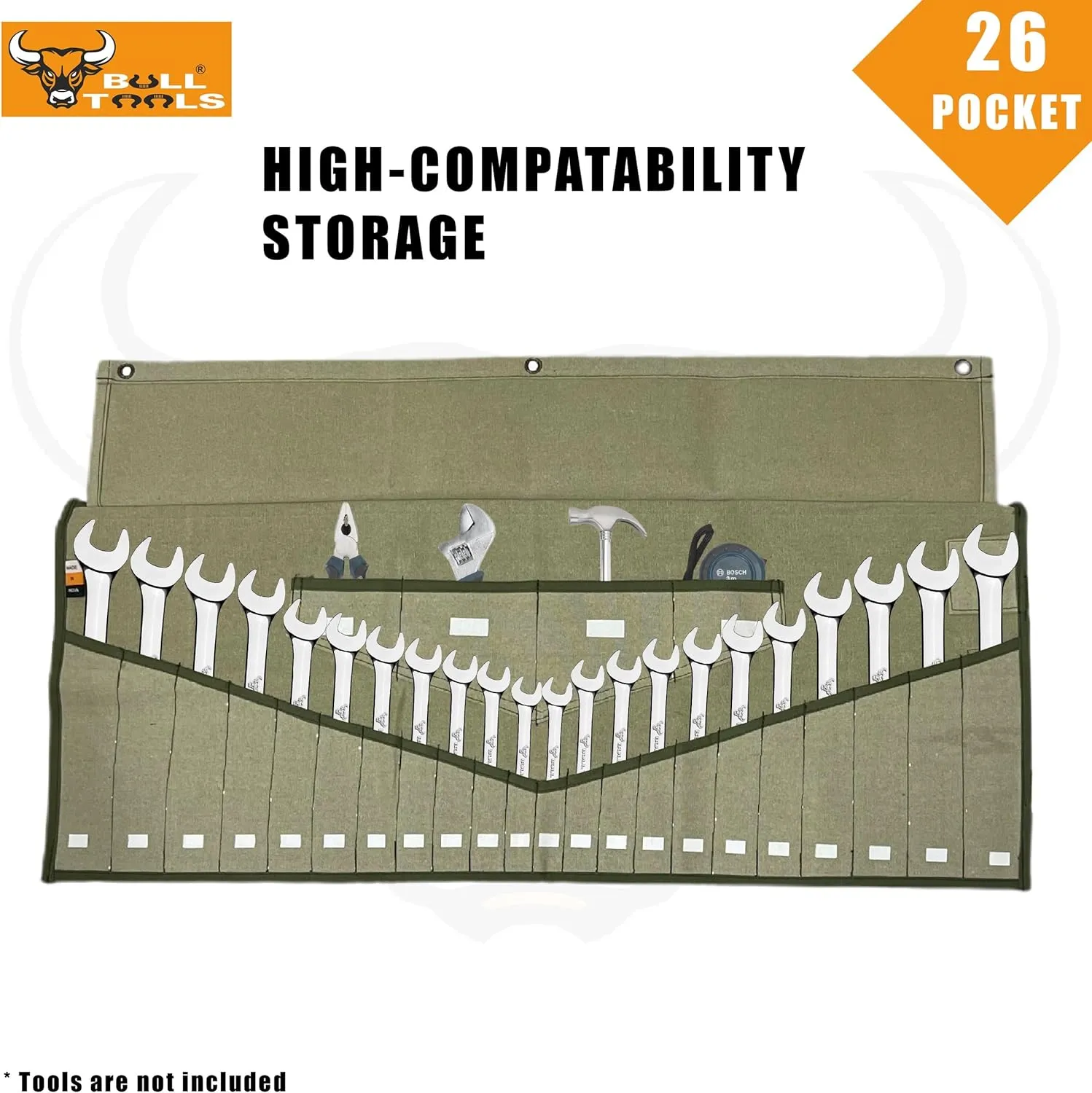 Tool Roll Organizer with 26 Pockets for Wrenches, Metric & SAE Durable Cotton Canvas, Roll-Up Tool Pouch for Mechanics, DIYers, & Electricians - Sand Washed Olive Drab (Tools Not Included)