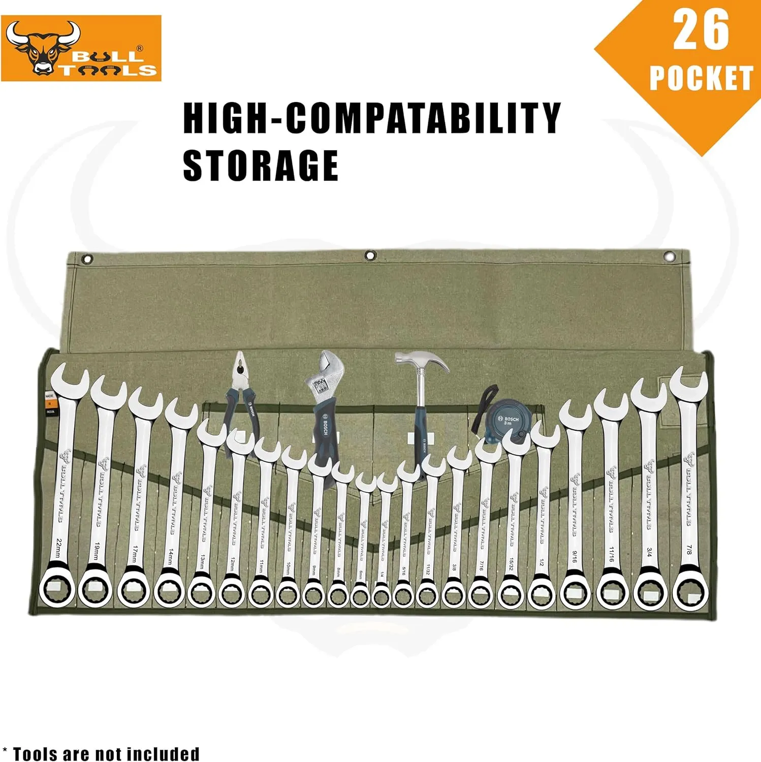 Tool Roll Organizer with 26 Pockets for Wrenches, Metric & SAE Durable Cotton Canvas, Roll-Up Tool Pouch for Mechanics, DIYers, & Electricians - Sand Washed Olive Drab (Tools Not Included)