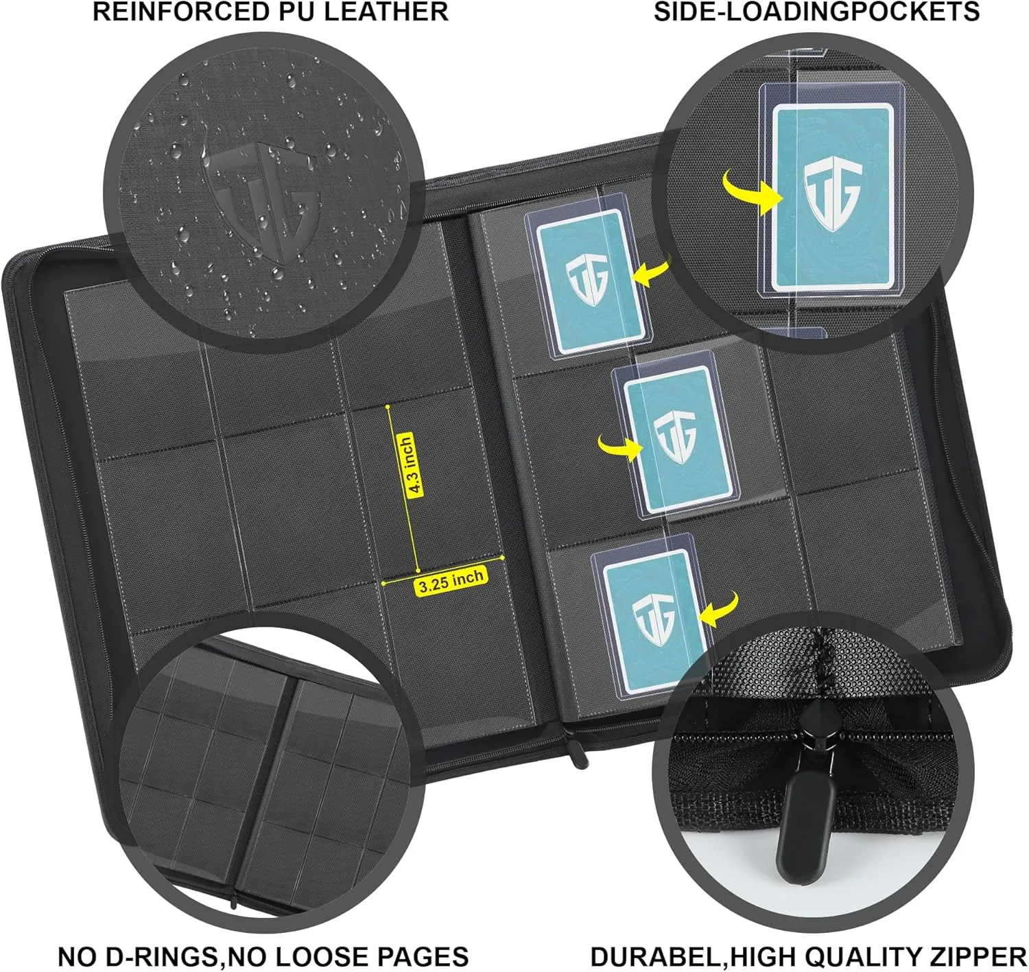 Toploader Binder,Holds 216 Toploaders,9 Pocket Top Loader Binder with Sleeves for 3"x4" Rigid Toploaders Hard Cases,Top loader Binders for TCG, MTG Card Binder, Trading Cards Binder(Black)