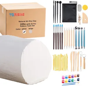 TORISING Air Dry Clay 10 LBs with 42 Pcs Set Pottery Clay Tools Set, 12 Vivid Colors 5ml Each and 2 Brushes for Hand Modeling and Throwing, Non-Toxic (White)