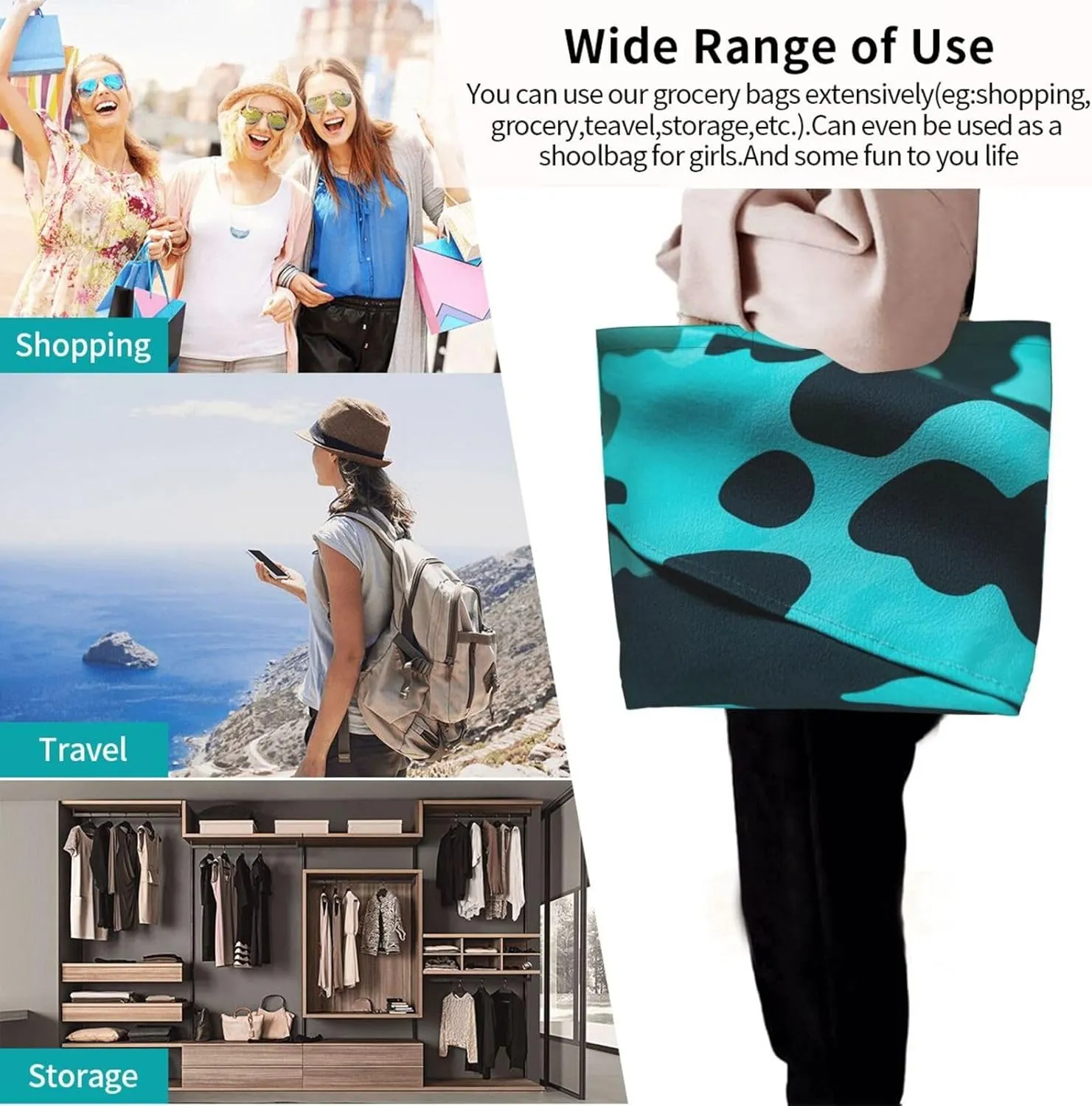 Tote Bag for Women Turquoise Blue Gold Marble Grocery Bag Foldable Shopping Bags Reusable Large Tote Bag