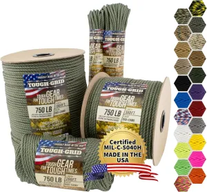 TOUGH-GRID Premium Paracord 750 lbs Made in USA Outdoor Survival Nylon Rope Tactical Heavy Duty Strands Parachute Cord Used by US Military Type IV Mil-Spec
