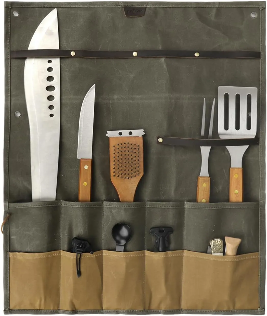 Tourbon Outdoor Camping Hanging Tool Roll Bag Canvas Cutlery Pouch Removable Tableware Multi-Purpose Storage Organizer for Camp BBQ Dinnerware Cookware