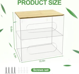 Trash Bag Dispenser Holder, 2 in 1 Garbage Bag Storage Dispenser, Wall Mount Acrylic Garbage Bag Organizer with Bamboo Lid for Kitchen, Under Sink, Home