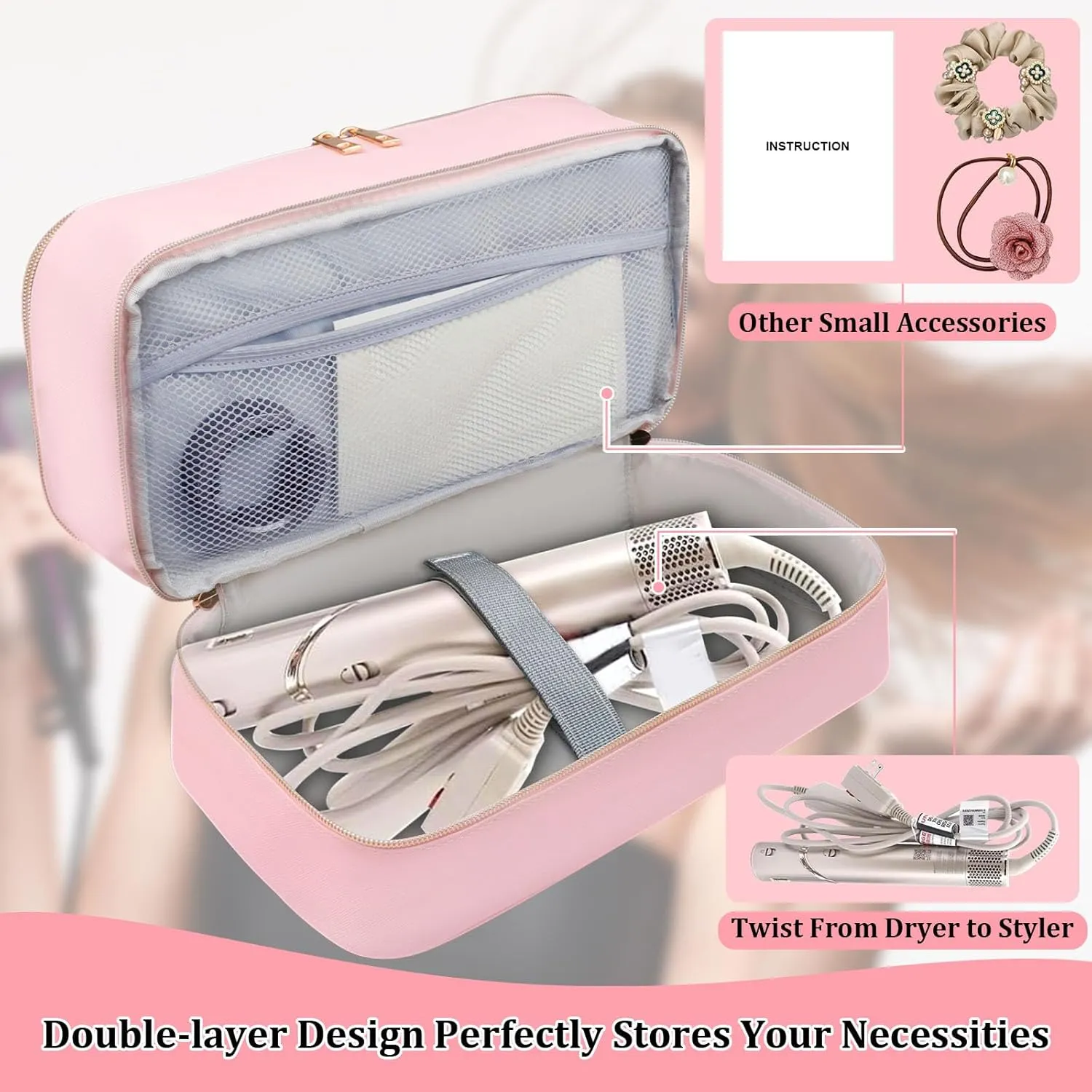 Travel Carrying Case for Shark Flex Style, Double Layer Storage Case for Shark SpeedStyle Hair Dryer Attachments, Waterproof PU Leather Organizer Bag for Shark Flexstyle Airwrap Styler (Pink)