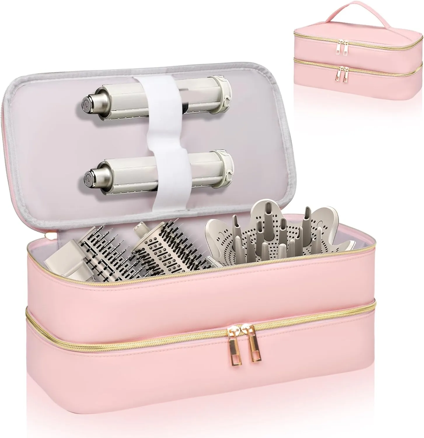 Travel Carrying Case for Shark Flex Style, Double Layer Storage Case for Shark SpeedStyle Hair Dryer Attachments, Waterproof PU Leather Organizer Bag for Shark Flexstyle Airwrap Styler (Pink)