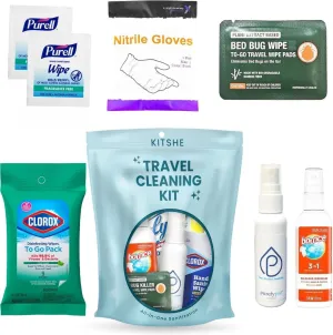Travel Cleaning Kit - Travel Size Cleaning Supplies For Hotels, Bathrooms with Gloves, Surface Wipes, Fabric Cleaner, Air Cleaner, Hand Wipes, Bed Bug Wipes by KITSHE