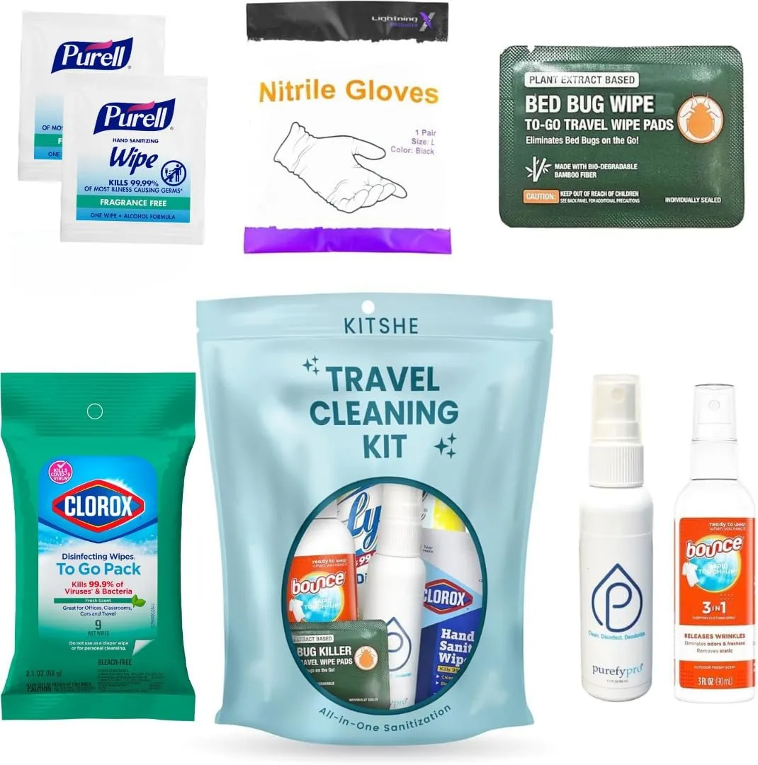 Travel Cleaning Kit - Travel Size Cleaning Supplies For Hotels, Bathrooms with Gloves, Surface Wipes, Fabric Cleaner, Air Cleaner, Hand Wipes, Bed Bug Wipes by KITSHE