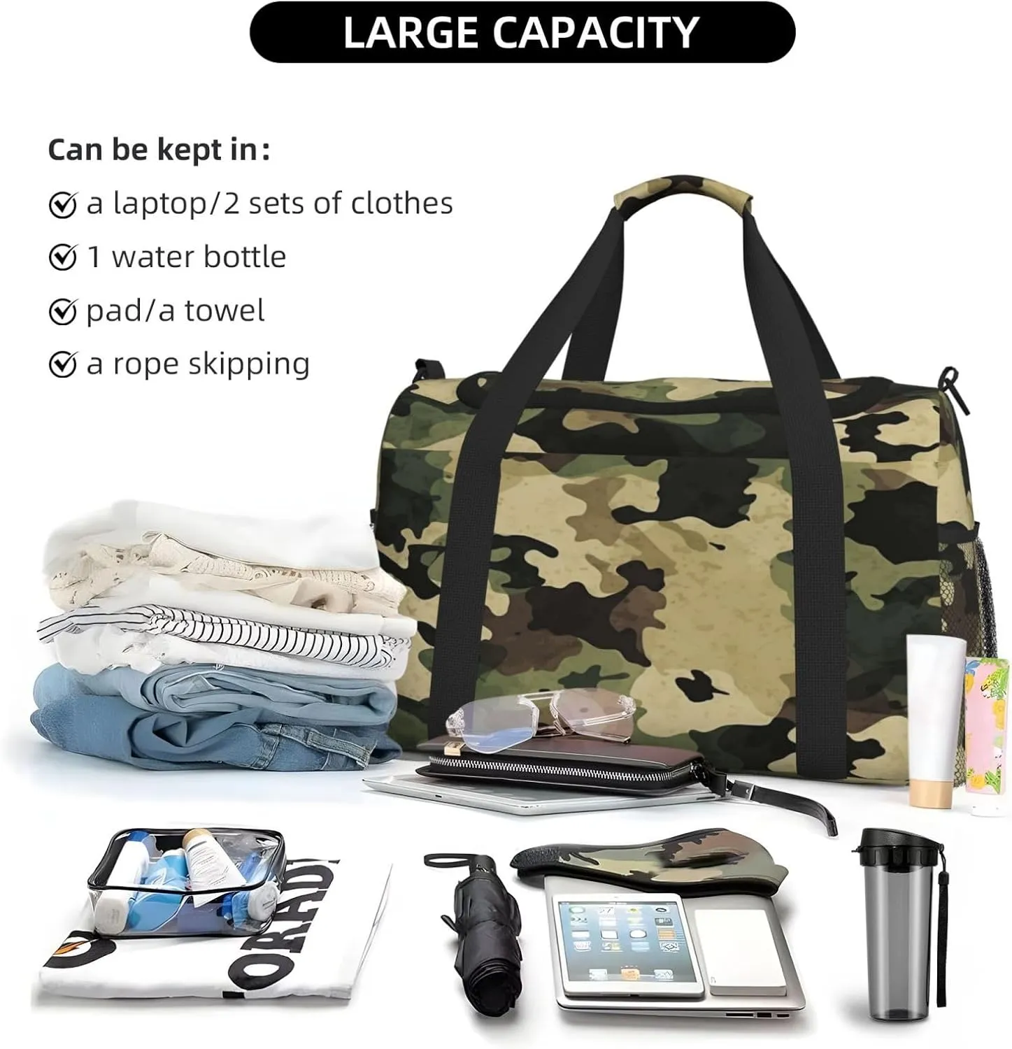 Travel Duffel Bag For Men Women, Army Brown Camouflage Pattern Carry On Sport Gym Bag With Shoulder Strap Lightweight Waterproof Weekender Bag Overnight Bag