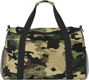 Travel Duffel Bag For Men Women, Army Brown Camouflage Pattern Carry On Sport Gym Bag With Shoulder Strap Lightweight Waterproof Weekender Bag Overnight Bag