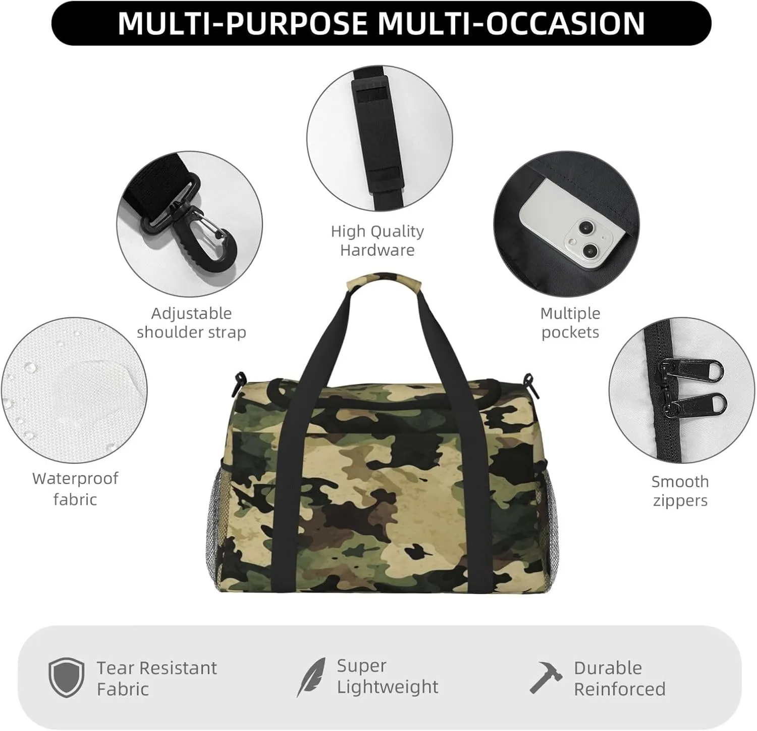 Travel Duffel Bag For Men Women, Army Brown Camouflage Pattern Carry On Sport Gym Bag With Shoulder Strap Lightweight Waterproof Weekender Bag Overnight Bag