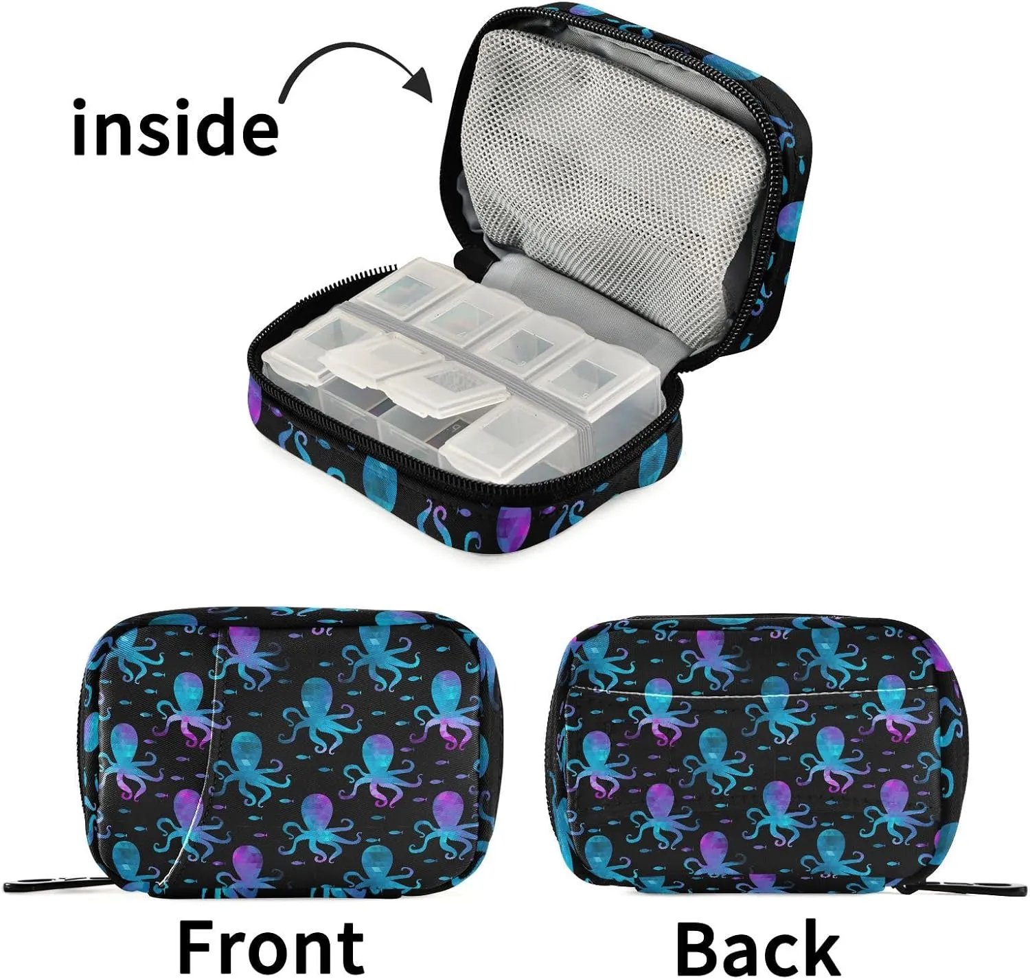 Travel Pill Organizer Bag Weekly Pill Organizer Case Gradient Octopus Fish Portable Small Daily Pill Boxes for Vitamin Fish Oils Supplement Holder with Zipper Compact Size