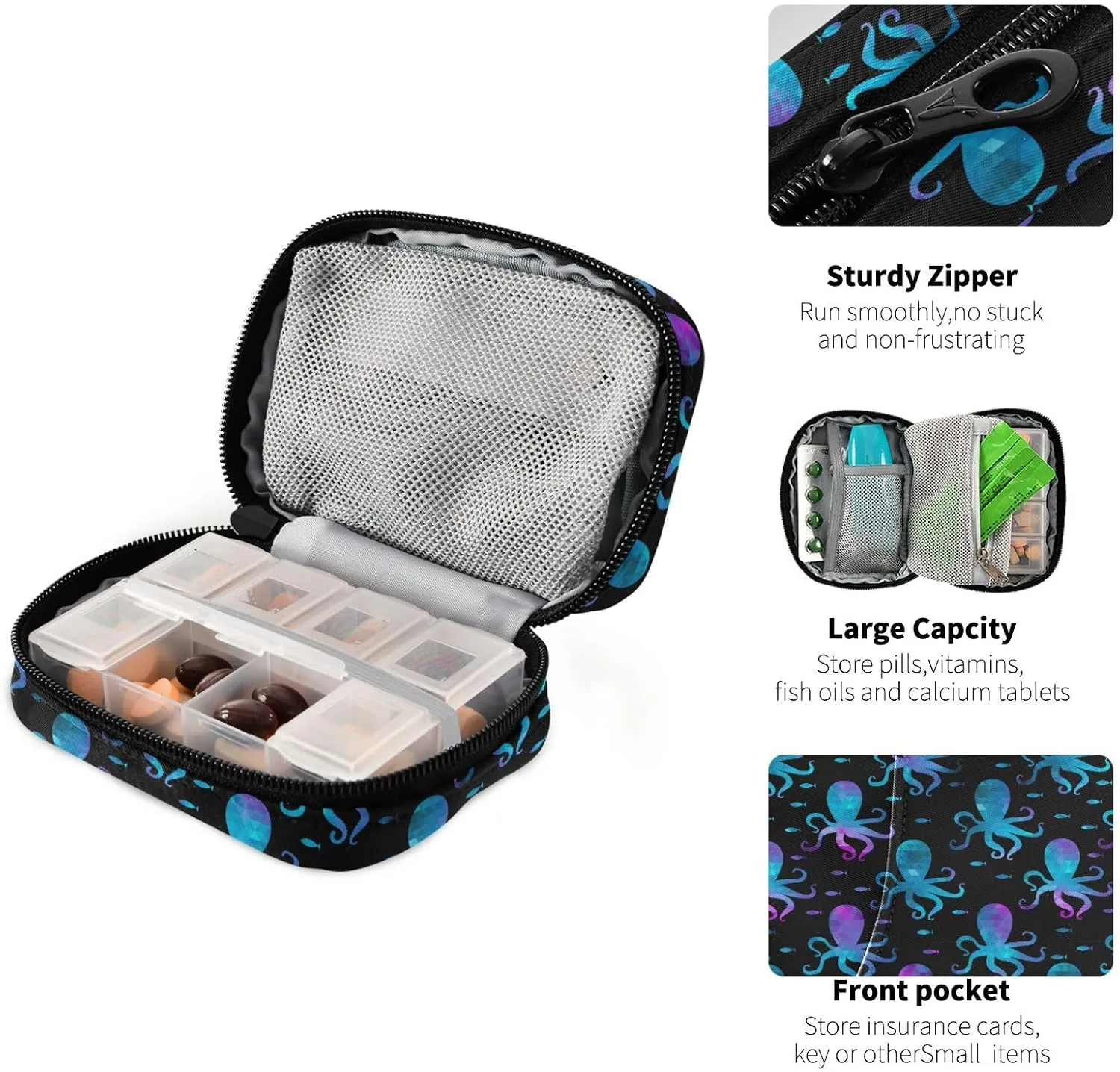 Travel Pill Organizer Bag Weekly Pill Organizer Case Gradient Octopus Fish Portable Small Daily Pill Boxes for Vitamin Fish Oils Supplement Holder with Zipper Compact Size