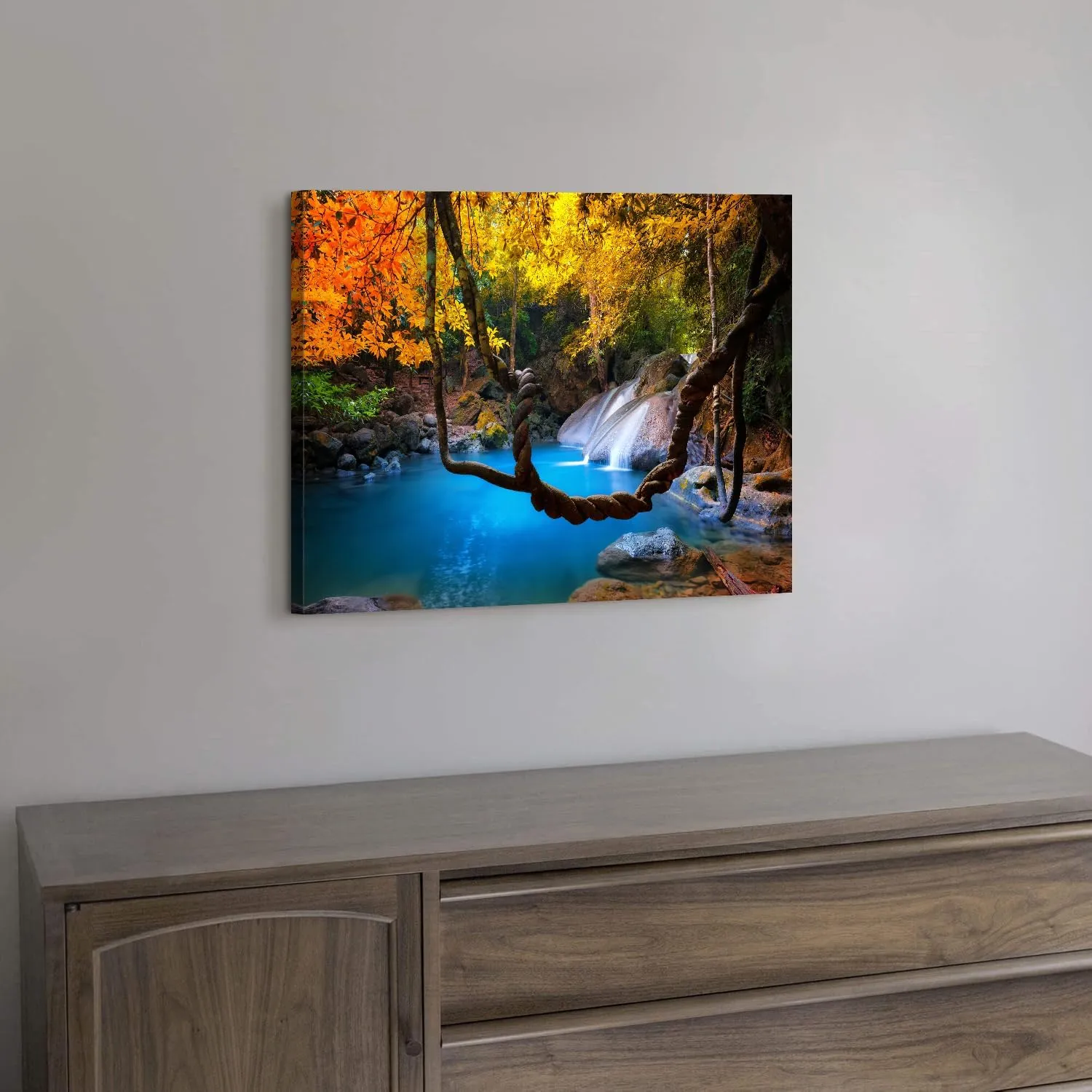 Tropical Waterfall Wall Art Mountain Landscape Prints Decor Pictures for Living Room Decorations Burnt Orange Trees Scenery Painting Nature Blue Water Lake Photography Artwork Home Office Decor 12x16”