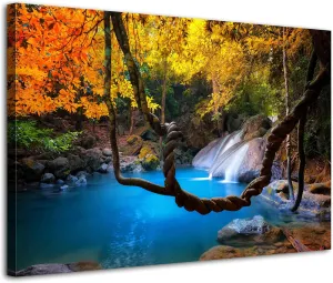 Tropical Waterfall Wall Art Mountain Landscape Prints Decor Pictures for Living Room Decorations Burnt Orange Trees Scenery Painting Nature Blue Water Lake Photography Artwork Home Office Decor 12x16”