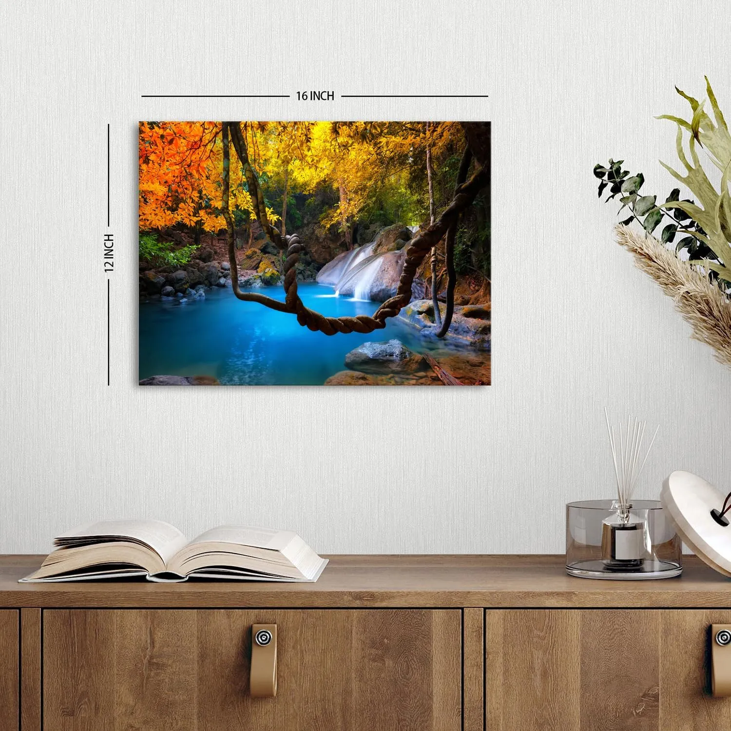 Tropical Waterfall Wall Art Mountain Landscape Prints Decor Pictures for Living Room Decorations Burnt Orange Trees Scenery Painting Nature Blue Water Lake Photography Artwork Home Office Decor 12x16”
