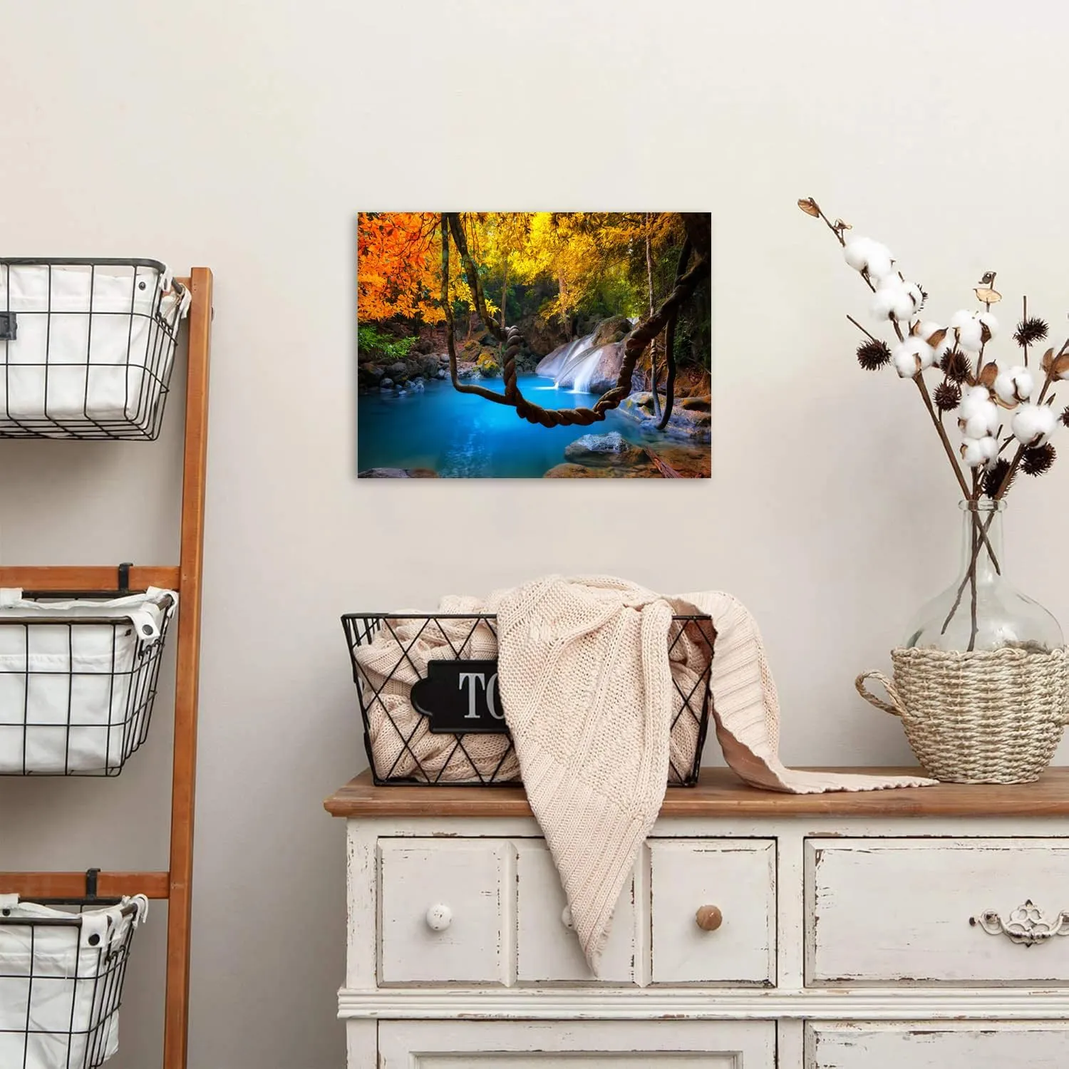 Tropical Waterfall Wall Art Mountain Landscape Prints Decor Pictures for Living Room Decorations Burnt Orange Trees Scenery Painting Nature Blue Water Lake Photography Artwork Home Office Decor 12x16”