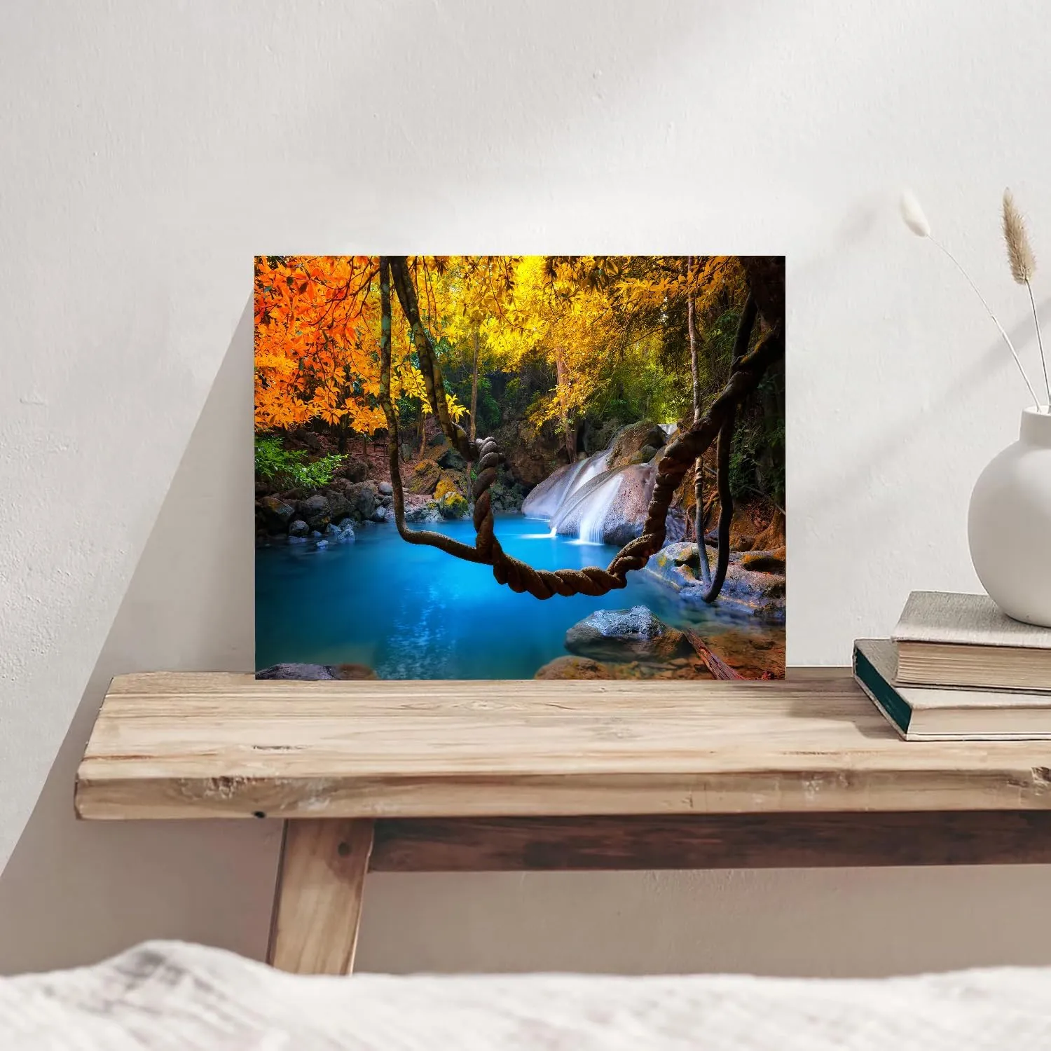 Tropical Waterfall Wall Art Mountain Landscape Prints Decor Pictures for Living Room Decorations Burnt Orange Trees Scenery Painting Nature Blue Water Lake Photography Artwork Home Office Decor 12x16”