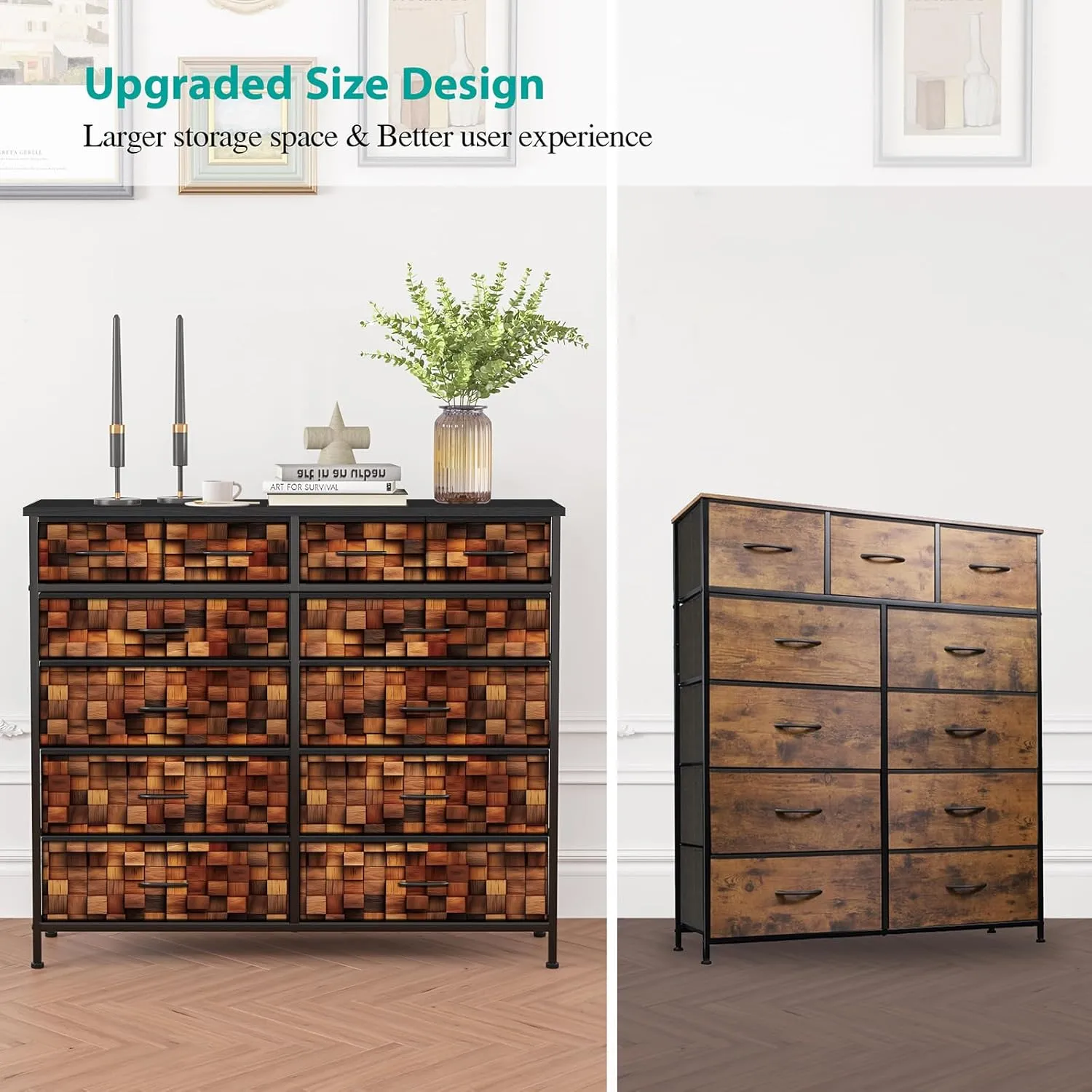 TV Stand Dresser for Bedroom, Tall Fabric Drawer Dresser, Chest of Drawers, Fabric Storage Organizer Cabinet for Closet, Nursery (Solid Brown)