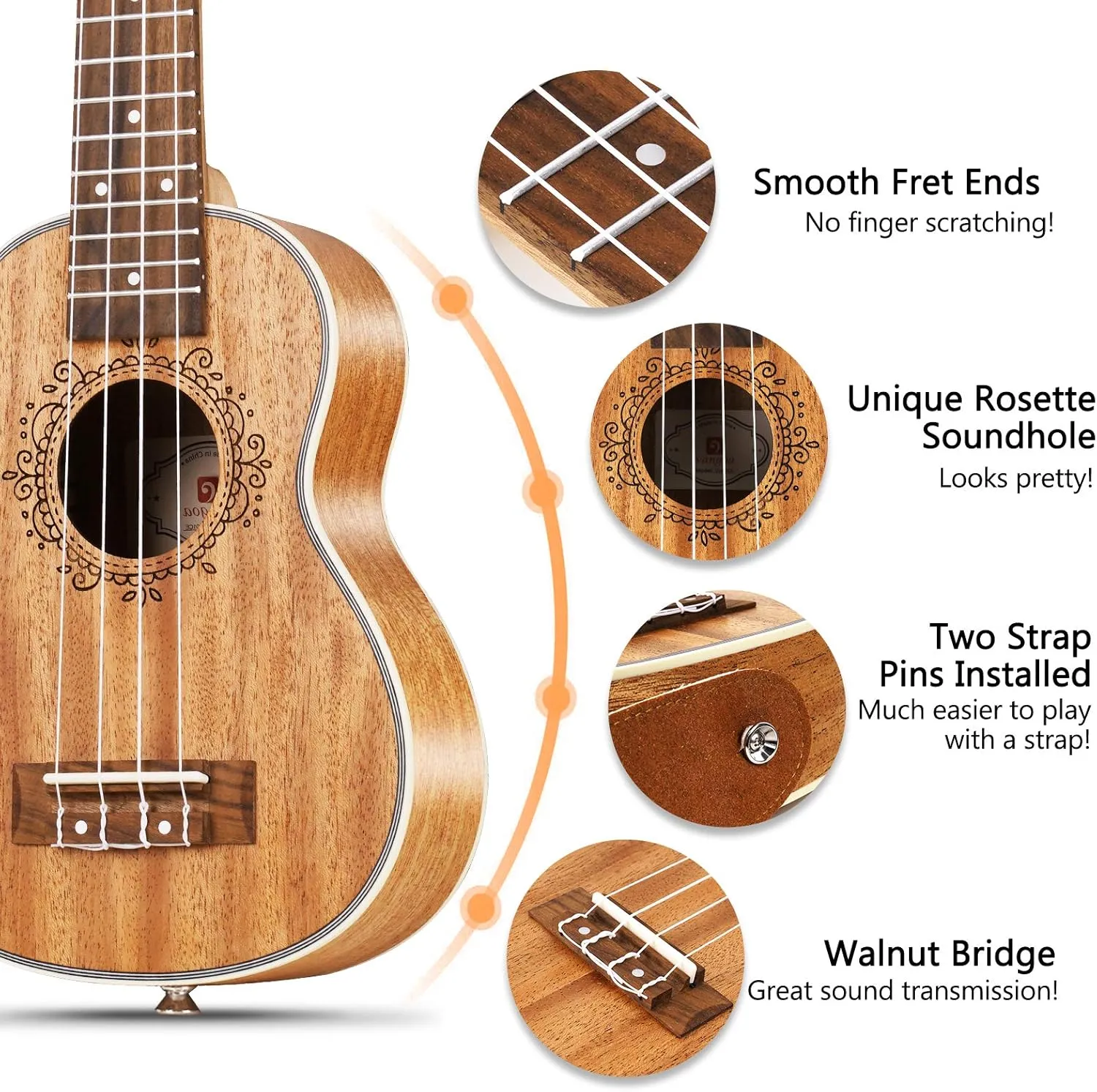Ukulele Soprano Mahogany 21 Inch Professional Acoustic Ukelele Four String Wooden Hawaiian Uke Beginner Kit for Kids Students Starter Kit, by Vangoa