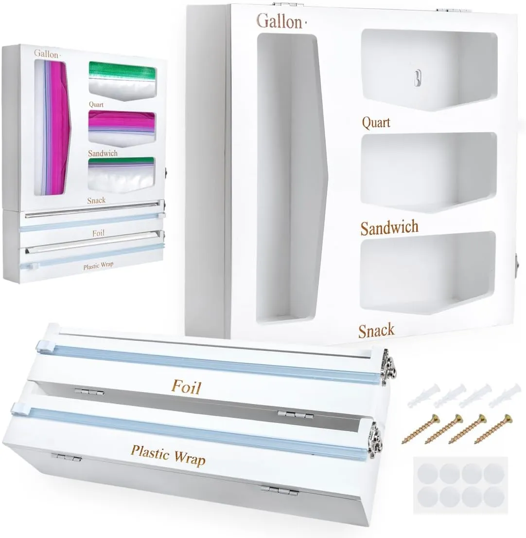 UMRA Storage Bag Organizer, Foil & Plastic Wrap Dispenser with Cutter, Organizer for Gallon, Quart, Sandwich &Snack Size, Bamboo Bag for Kitchen Drawer, White(17.5x3.5x13.5)
