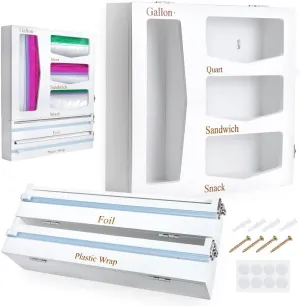 UMRA Storage Bag Organizer, Foil & Plastic Wrap Dispenser with Cutter, Organizer for Gallon, Quart, Sandwich &Snack Size, Bamboo Bag for Kitchen Drawer, White(17.5x3.5x13.5)