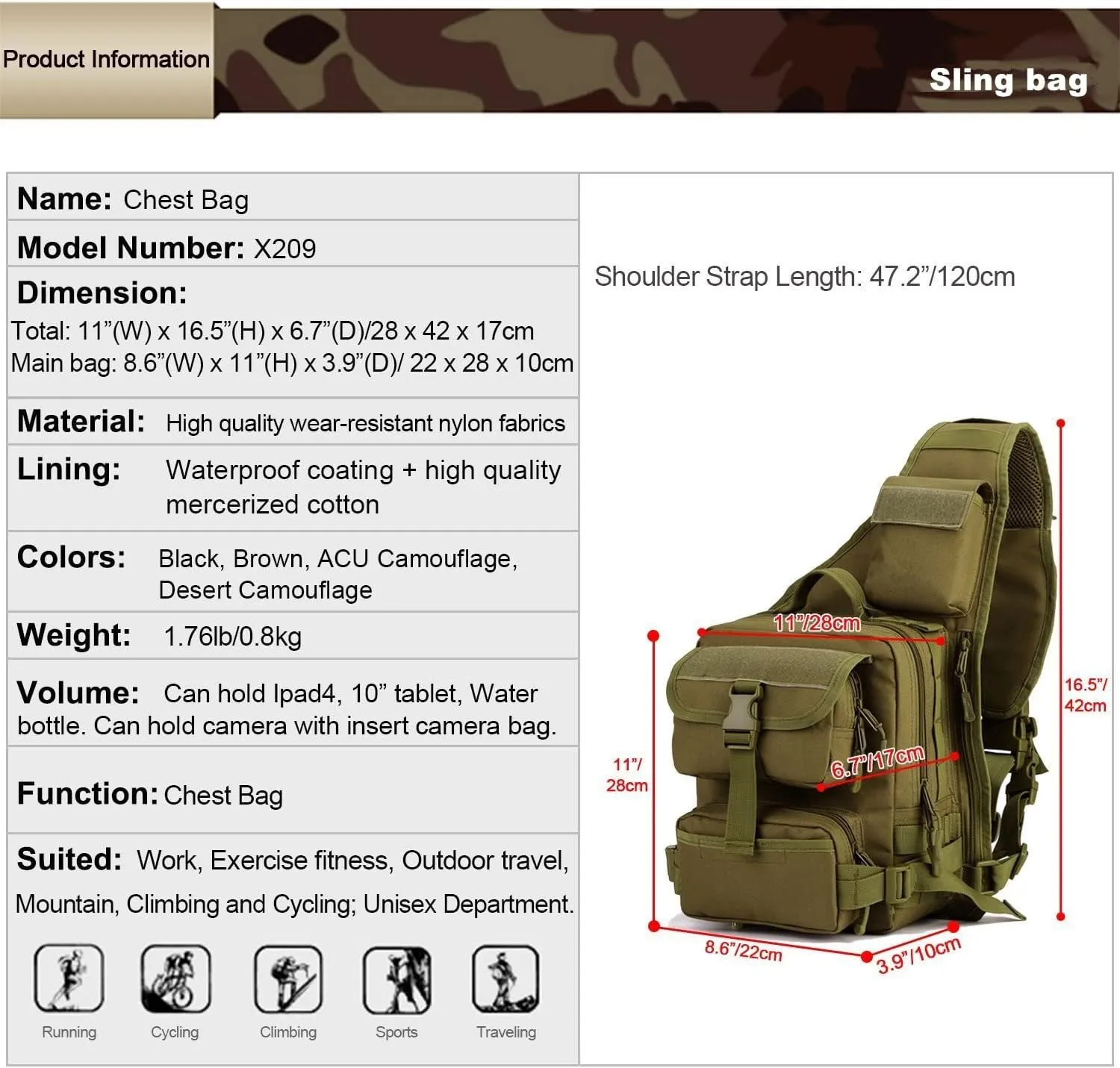 UNISTRENGH Men's Tactical Sling Bag Sling Backpack Military Shoulder Bag MOLLE Assault Range Bag for Outdoor Camping Hunting (ACU #)