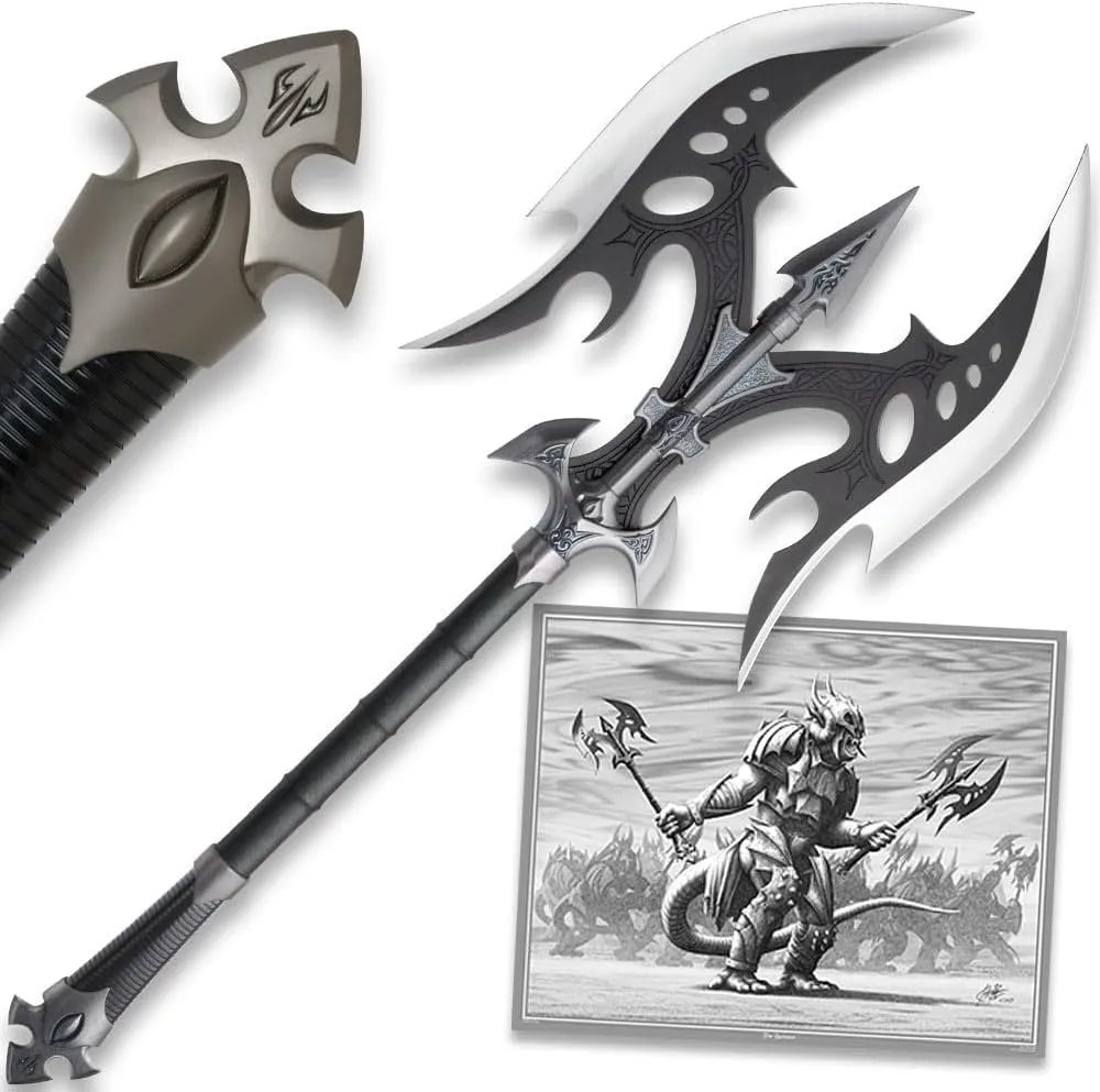 United Cutlery Kit Rae Black Legion Battle Axe | Stainless Steel Blades | Genuine Leather Handle | Metal Handle Accents | Art Print | Fantasy Inspired Battle Axe from the Mind of Kit Rae | 35” Overall
