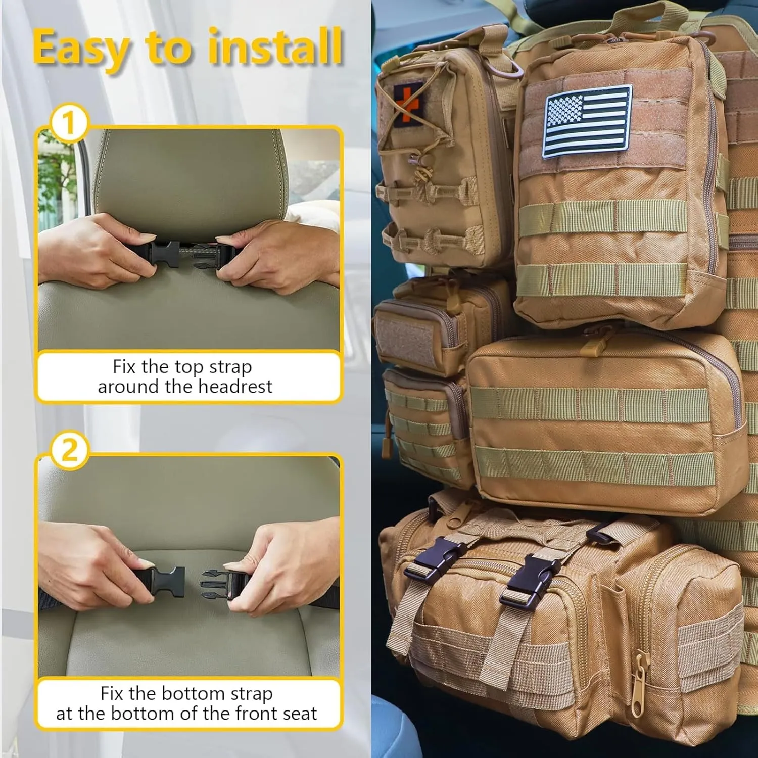 Universal Tactical Seat ​Back Organizer Vehicle Molle Panel Organizer Storage Bag with 5 Detachable Molle Pouch for All Vehicel Such as Jeep,Truck,SUV, Car, Ford,Chevy etc