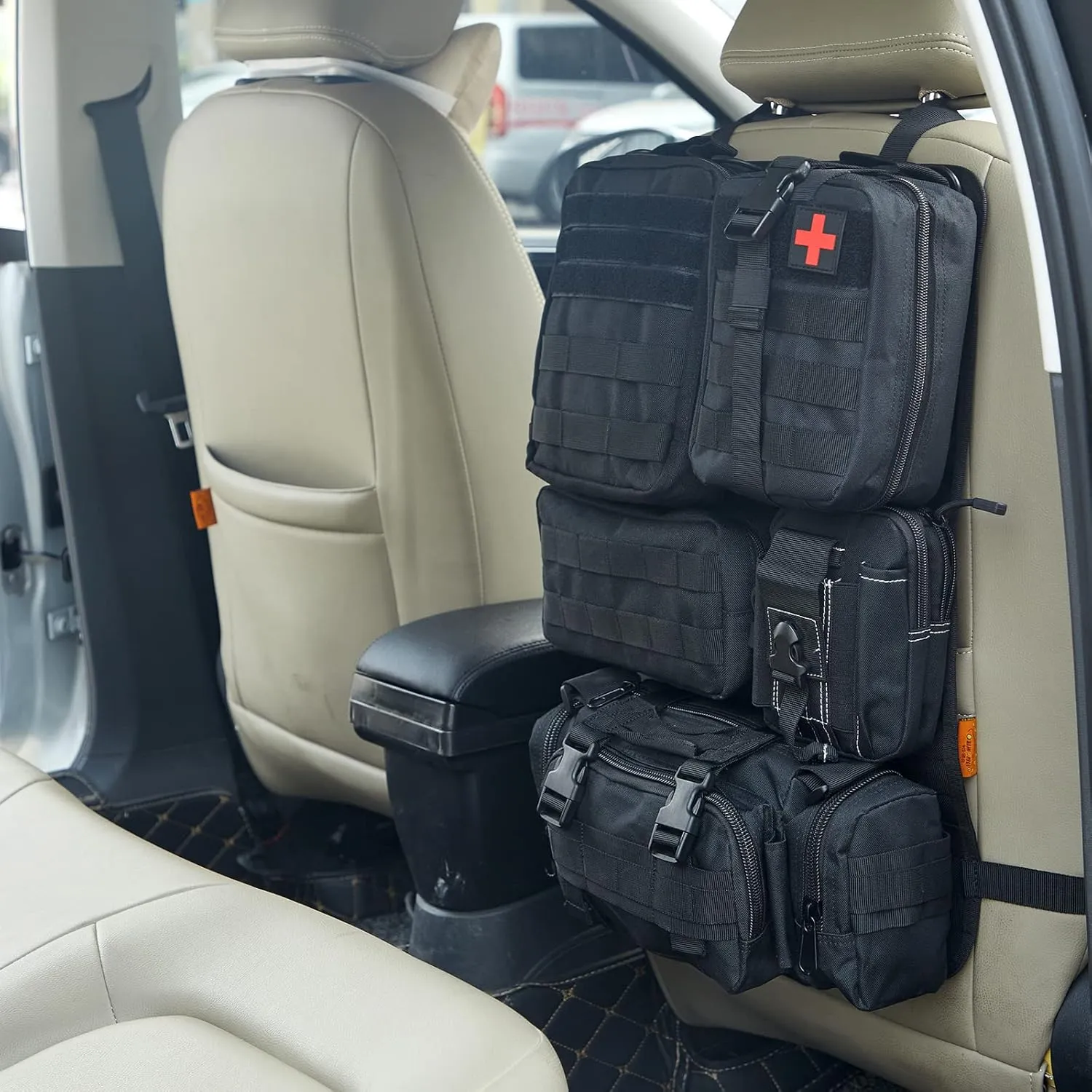 Universal Tactical Seat ​Back Organizer Vehicle Molle Panel Organizer Storage Bag with 5 Detachable Molle Pouch for All Vehicel Such as Jeep,Truck,SUV, Car, Ford,Chevy etc